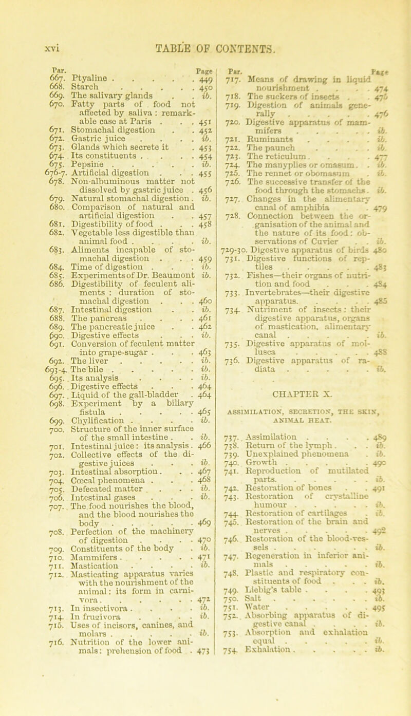 ■ »r. rage 667. Ptyaline 449 668. Starch 450 669. The salivary glands . . ib. 670. Fatty parts of food not affected by saliva : remark- able case at Paris . ..451 671. Stomachal digestion . . 452 672. Gastric juice . . . . ib. 673. Glands which secrete it . 453 674. Its constituents . . . . 454 675. Pepsihe . . .' . ib. 676-7. ArtiScial digestion . . . 455 678. Non-albuminous matter not dissolved by gastric juice . 456 679. Natural stomachal digestion . ib. 680. Comparison of natural and artificial digestion . . 457 681. Digestibility of food . . . 458 682. Vegetable less digestible than animal food . . . . ib. 683. Aliments incapable of sto- machal digestion . . . 459 684. Time of digestion . . . ib. 685. Experimentsof Dr. Beaumont ib. 686. Digestibility of feculent ali- ments : duration of sto- machal digestion . . . 460 687. Intestinal digestion . . ib. 688. The pancreas . . . . 461 689. The pancreatic j uice . . 462 690. Digestive effects . . . ib. 691. Conversion of feculent matter into grape-sugar . . . 463 692. The liver ib. 693-4 The bile ib. 695. Its analysis . . - . ib. 696. Digestive effects . . . 464 697.. Liquid of the gall-bladder . 464 698. Experiment by a biliary fistula . .... 465 699. Cliylification . . . . ib. 700. Structure of the inner surface of the small intestine . . ib. 701. Intestinal juice: its analysis. 466 702. Collective effects of the di- gestive juices . . . ib. 703. Intestinal absorption. . . 467 704 Ccecal phenomena . . . 468 705. Defecated matter . . . ib. 706. Intestinal gases . . . ib. 707. The food nourishes the blood, and the blood nourishes the body ..... 469 708. Perfection of the machinery of digestion . . . • 47° 709. Constituents of the body . ib. 710. Mammifers 47' 711. Mastication . . . . ib. 712. Masticating apparatus varies with the nourishment of the animal: its form in carni- vora 471 713. In insectivora. . . • ib. 714. Ill fruzivorn . . . . ib. ■jib. Uses of incisors, canines, and molars . . . . . ib. •jib. Nutrition of the lower ani- mals : proheusion of food . 473 Par. Paft 717. Means of drawing in liquid nourishment . ... 474 718. The suckers of insects . . 47b 719. Digestion of animals gene- rally . ... . . 476 720. Digestive apparatus of mam- mifers . . . . . ib. 721. Ruminants . . . . ib. 722. The paunch . . . . ib. 723. The reticulum. . . . 477 724. The manyplies or omasum. . ib. jib. The rennet or obomasum . ib. 726. The successive transfer of the food through the stomachs. ib. 727. Changes in the alimentary canal of amphibia . 479 728. Connection between the or- ganisation of the animal and the nature of its food: ob- servations of Cuvier . . ib. 729-30. Digestive apparatus of birds 480 731. Digestive functions of rep- tiles 483 732. Fishes—their organs of nutri- tion and food . . . 484 733. Invertebrates—their digestive apparatus 48 b 734 Nutriment of insects: their digestive apparatus, organs of mastication, alimentary canal ib. 735. Digestive apparatus of mol- luscs 48S 736. Digestive apparatus of ra- diata ib. CHAPTER X. ASSIMILATION, SECRETION, THE SKIN, ANIMAL HEAT. 737. Assimilation .... 489 73S. Return of the lymph . . . ib. 739. Unexplained phenomena . ib. 740. Growth 490 741. Reproduction of mutilated parts ib. 742. Restoration of bones . . 491 743. Restoration of crystalline humour ib. 744 Restoration of cartilages . il 745. Restoration of the brain and nerves 492 746. Restoration of the blood-ves- sels ib. 747. Regeneration in inferior ani- mals ib. 748. Plastic and respiratory con- stituents of food . . . ib. 749. Liebig's table . . . -493 750. Salt ib. 751. Water 49J 752. Absorbing apparatus of di- gestive canal . . . . ib. 753. Absorption and exhalation equal ib. 754 Exhalation ib.