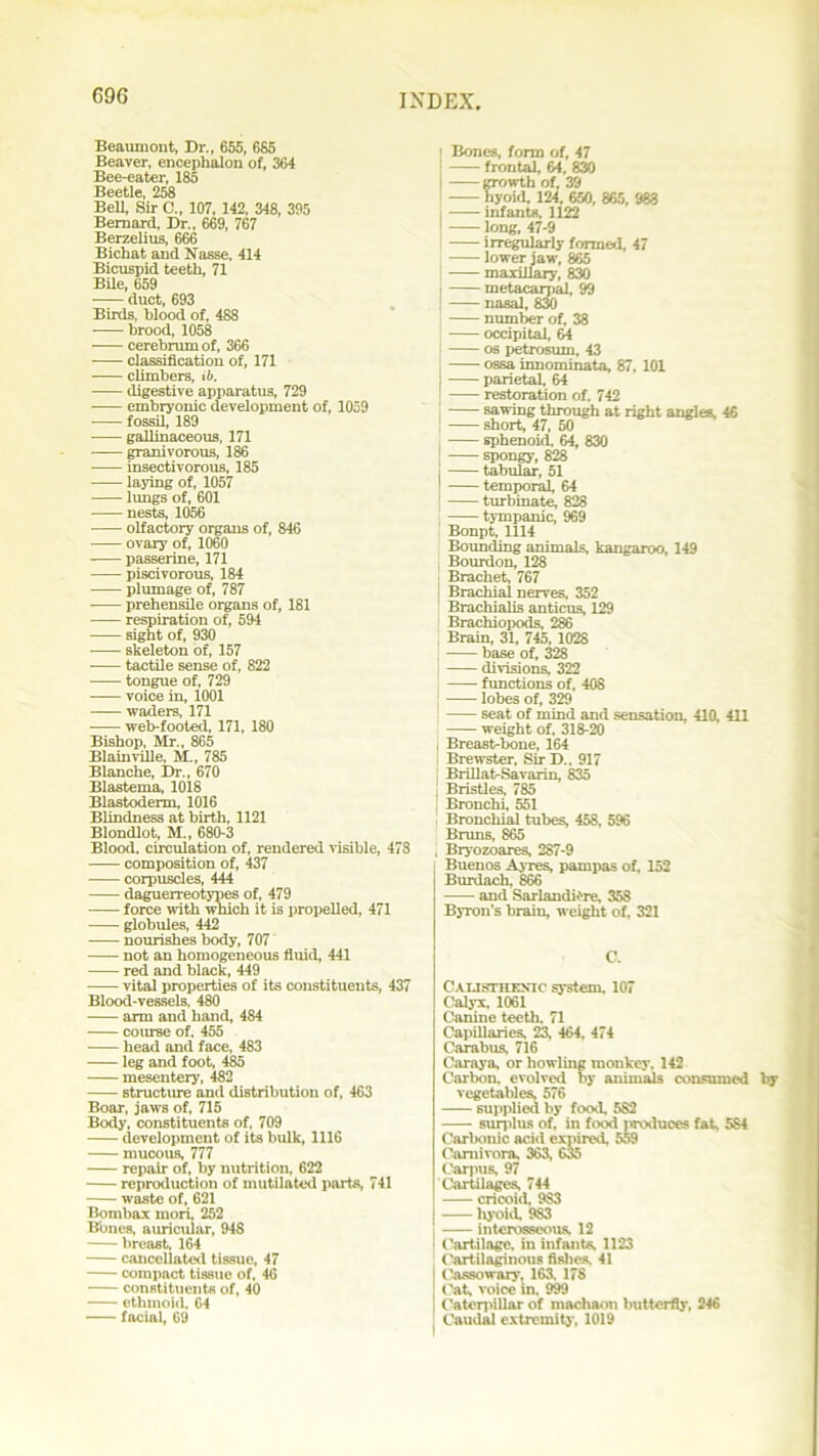 Beaumont, Dr., 655, 685 Beaver, encephalon of, 364 Bee-eater, 185 Beetle, 258 Bell, Sir C„ 107, 142, 348, 395 Bernard, Dr., 669, 767 Berzelius, 666 Bichat and Nasse, 414 Bicuspid teeth, 71 Bile, 659 duct, 693 Birds, blood of, 488 brood, 1058 cerebrum of, 366 ■ classification of, 171 climbers, ib. ■ digestive apparatus, 729 embryonic development of, 1059 ■—— fossil, 189 gallinaceous, 171 • granivorous, 186 insectivorous, 185 ■ laying of, 1057 lungs of, 601 nests, 1056 olfactory organs of, 846 ovary of, 1060 passerine, 171 piscivorous, 184 plumage of, 787 • prehensile organs of, 181 respiration of, 594 ■ sight of, 930 • skeleton of, 157 tactile sense of, 822 tongue of, 729 voice in, 1001 waders, 171 web-footed, 171, 180 Bishop, Mr., 865 Blainville, M., 785 Blanche, Dr., 670 Blastema, 1018 Blastoderm, 1016 Blindness at birth, 1121 Blondlot, M., 680-3 Blood, circulation of, rendered visible, 478 composition of, 437 corpuscles, 444 daguerreotypes of, 479 force with which it is propelled, 471 globules, 442 nourishes body, 707 -—- not an homogeneous fluid, 441 red and black, 449 —- vital properties of its constituents, 437 Blood-vessels, 480 arm and hand, 484 course of. 455 head and face, 483 leg and foot, 485 mesentery, 482 structure and distribution of, 463 Boar, jaws of, 715 Body, constituents of, 709 development of its bulk, 1116 mucous, 777 repair of, by nutrition, 622 reproduction of mutilated parts, 741 waste of, 621 Bombax mori, 252 Bones, auricular, 948 breast, 164 cancellated tissue, 47 compact tissue of, 46 constituents of, 40 ethmoid. 64 facial, 69 ] Bones, form of, 47 frontal, 64, 830 | growth of, 39 hyoid, 124, 650, 865, 983 i infants, 1122 | long, 47-9 irregularly formed, 47 lower jaw, 865 • maxillary, 830 metacarpal, 99 nasal, 830 number of, 38 occipital, 64 os petrosum, 43 ossa innominata, 87, 101 parietal, 64 restoration of. 742 sawing through at right angles, 46 short, 47, 50 sphenoid!, 64, 830 spongy, 828 tabular, 51 temporal, 64 turbinate, 828 tympanic, 969 Bonpt, 1114 Boundiing animals, kangaroo, 149 Bourdon, 128 Bracket, 767 Brachial nerves, 352 Brachialis anticus, 129 Brachiopods, 286 , Brain, 31, 745. 1028 ; base of, 328 divisions, 322 functions of, 408 lobes of, 329 seat of mind and sensation, 410, 411 weight of, 318-20 j Breast-bone, 164 Brewster, Sir D„ 917 ; Brillat-Savarin, 835 I Bristles, 785 I Bronchi, 551 Bronchial tubes, 458, 596 Bruns, 865 i Bryozoares, 287-9 Buenos Ayres, pampas of, 152 Burdach, 866 and Sarlandit're, 35S Byron's brain, weight of, 321 C. CAXisrHEXic system, 107 Calyx, 1061 Canine teeth. 71 Capillaries, 23, 464, 474 Carabus, 716 Caraya, or howling monkey, 142 Carbon, evolved by animals consumed by vegetables, 576 -—- supplied by food. 5S2 surplus of, in food produces fat, 584 Carbonic acid expired, 559 Carnivora, 363, 635 Carpus, 97 Cartilages, 744 cricoid, 9S3 hyoid, 9S3 interosseous. 12 Cartilage, in infants. 1123 Cartilaginous fishes, 41 Cassowary, 163. 178 Cat, voice in. 999 Caterpillar of machaon butterfly, 246 Caudal extremity, 1019