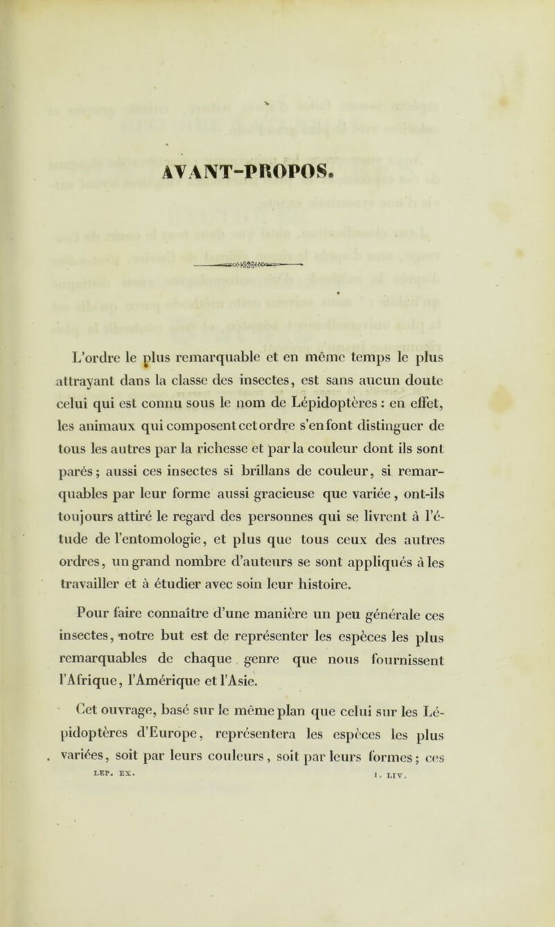 AVANT-PROPOS. L’ordre le plus remarquable et en même temps le plus attrayant dans la classe des insectes, est sans aucun doute celui qui est connu sous le nom de Lépidoptères : en effet, les animaux qui composent cet ordre s’en font distinguer de tous les autres par la richesse et parla couleur dont ils sont parés; aussi ces insectes si brillans de couleur, si remar- quables par leur forme aussi gracieuse que variée, ont-ils toujours attiré le regard des personnes qui se livrent à l’é- tude de l’entomologie, et plus que tous ceux des autres ordres, un grand nombre d’auteurs se sont appliqués aies travailler et à étudier avec soin leur histoire. Pour faire connaître d’une manière un peu générale ces insectes, notre but est de représenter les espèces les plus remarquables de chaque genre que nous fournissent f Afrique, l’Amérique et l’Asie. Cet ouvrage, basé sur le même plan que celui sur les Lé- pidoptères d’Europe, représentera les espèces les plus . variées, soit par leurs couleurs, soit parleurs formes; ces