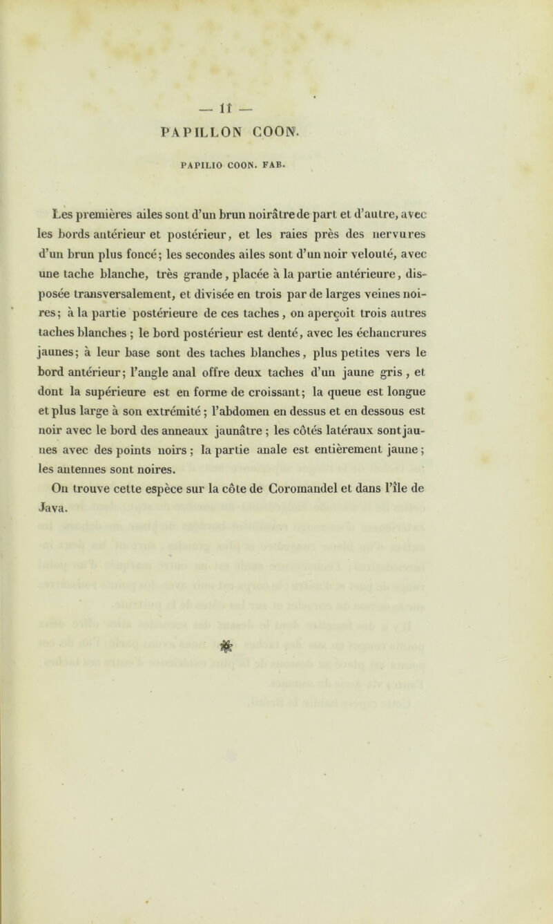 PAPILLON COON. PAPILIO COO^. FAB. Les premières ailes sont d’un brun noirâtre de part et d’autre, avec les bords antérieur et postérieur, et les raies près des nervures d’un brun plus foncé; les secondes ailes sont d’un noir velouté, avec une tache blanche, très grande, placée à la partie antérieure, dis- posée transversalement, et divisée en trois par de larges veines noi- res; à la partie postérieure de ces taches, on aperçoit trois autres taches blanches ; le bord postérieur est denté, avec les échancrures jaunes; à leur base sont des taches blanches, plus petites vers le bord antérieur; l’angle anal offre deux taches d’un jaune gris , et dont la supérieure est en forme de croissant; la queue est longue et plus large à son extrémité ; l’abdomen en dessus et en dessous est noir avec le bord des anneaux jaunâtre ; les côtés latéraux sont jau- nes avec des points noirs ; la partie anale est entièrement jaune ; les antennes sont noires. On trouve cette espèce sur la côte de Coromandel et dans l’île de Java.