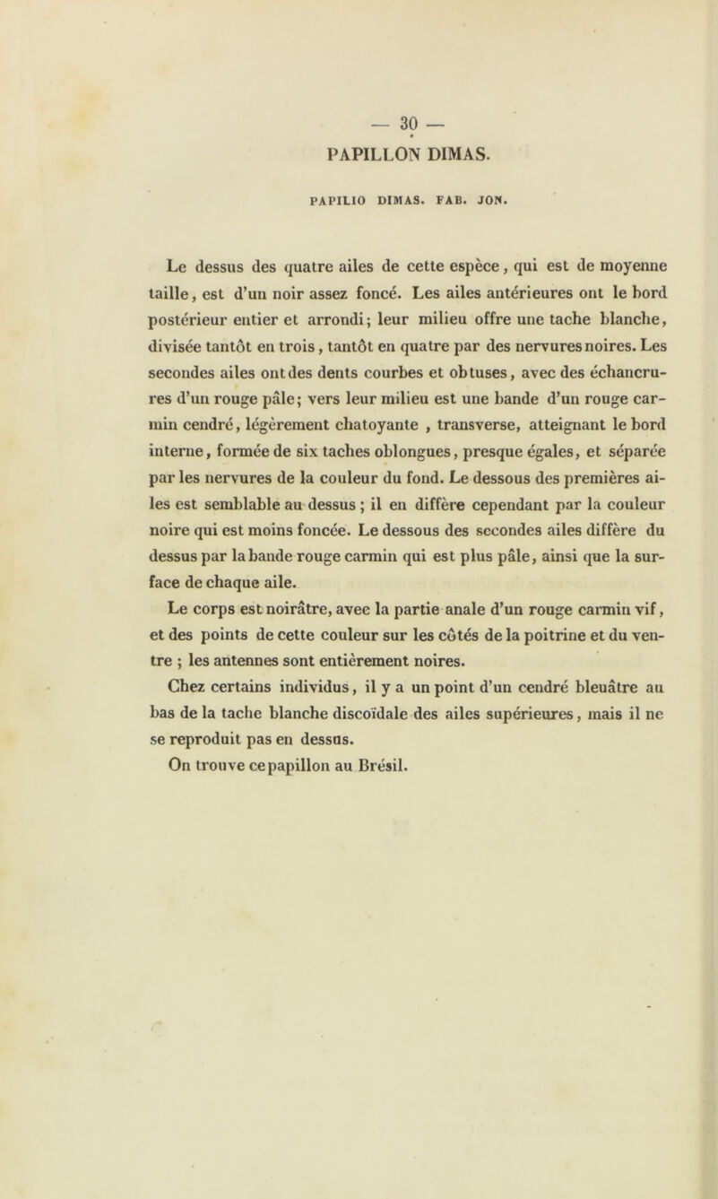 « PAPILLON DIMAS. PAPILIO DIMAS. FAB. JON. Le dessus des quatre ailes de cette espèce, qui est de moyenne taille, est d’un noir assez foncé. Les ailes antérieures ont le bord postérieur entier et arrondi; leur milieu offre une tache blanche, divisée tantôt en trois, tantôt en quatre par des nervures noires. Les secondes ailes ont des dents courbes et obtuses, avec des échancru- res d’un rouge pâle ; vers leur milieu est une bande d’un rouge car- min cendré, légèrement chatoyante , transverse, atteignant le bord interne, formée de six taches oblongues, presque égales, et séparée par les nervures de la couleur du fond. Le dessous des premières ai- les est semblable au dessus ; il en diffère cependant par la couleur noire qui est moins foncée. Le dessous des secondes ailes diffère du dessus par la bande rouge carmin qui est plus pâle, ainsi que la sur- face de chaque aile. Le corps est noirâtre, avec la partie anale d’un rouge carmin vif, et des points de cette couleur sur les côtés de la poitrine et du ven- tre ; les antennes sont entièrement noires. Chez certains individus, il y a un point d’un cendré bleuâtre au bas de la tache blanche discoïdale des ailes supérieures, mais il ne se reproduit pas en dessus. On trouve ce papillon au Brésil.