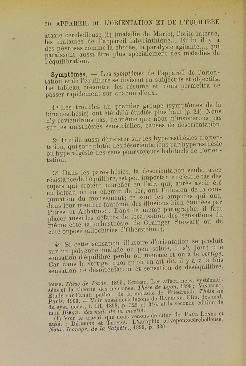 ataxie cérébelleuse (1) (maladie de Marie), l’otite interne, les maladies de l’appareil labyrinthique... Enfin il y a des névroses comme la chorée, la paralysie agitante..., qui paraissent aussi être plus spécialement des maladies de l’équilibration. Symptômes. — Les symptôme s de l’appareil de l’orien- tation et de l’équilibre se divisent en subjectifs et objectifs. Le tableau ci-contre les résume et nous permettra de passer rapidement sur chacun d’eux. 1° Les troubles du premier groupe (symptômes de la kinanesthésie) ont été déjà étudiés plus haut (p. 21). Nous n’y reviendrons pas, de même que nous n’insisterons pas sur les anesthésies sensorielles, causes de désorientation. 2° Inutile aussi d’insister sur les hyperesthésies d’orien- tation, qui sont plutôt des désorientations par hyperesthesie ou hyperalgésie des sens pourvoyeurs habituels de 1 onen- ou hyperalgésie tation. sujets qui croient marcner eu iau, qui, apres -,— — en bateau ou en chemin de fer, ont 1 illusion de la cou tinuation du mouvement; ce sont les amputes qui onh dans leur membre fantôme, des illusions bien etudiees pai Pitres et Abbatucci. Dans le même paragraphe, il faut placer aussi les défauts de localisation des sensations du même côté (allochesthésie de Grainger Stewart) ou du côté opposé (allochiries d’Obersteinei). 40 Si cette sensation illusoire d’orientation se produit sur un polvgone malade ou peu solide, il s y joint une sensation d’équilibre perdu ou menacé et on a le vertige Oar dans le vertige, quoi qu on en ait dit, il y a a la lois sensation de désorientation et sensation de déséquilibré. leuse. Thèse de Paris, 1895; Gerest. Les affect, nerv. s^ômati- in théorie des neurones. These de Lyon, loJo, , , Sf.urlïnâr.i»!. de 1. mal.die de ft,.dr.,ch rteeje Pnril 1900 —• Voir aussi deux leçons de Raymond. Clin, aes n a . du syst nerV., t. III, 1898, P. 329 et 346, et la seconde édition de mon Diuyn. des mal. de la moelle. Londe et „ïïi TtdLrï ?»«?“ L=Æ Oli,opo„toc6rdb.,l.u,.. Nouv. Iconogr. de la Scilpéh1899, p-