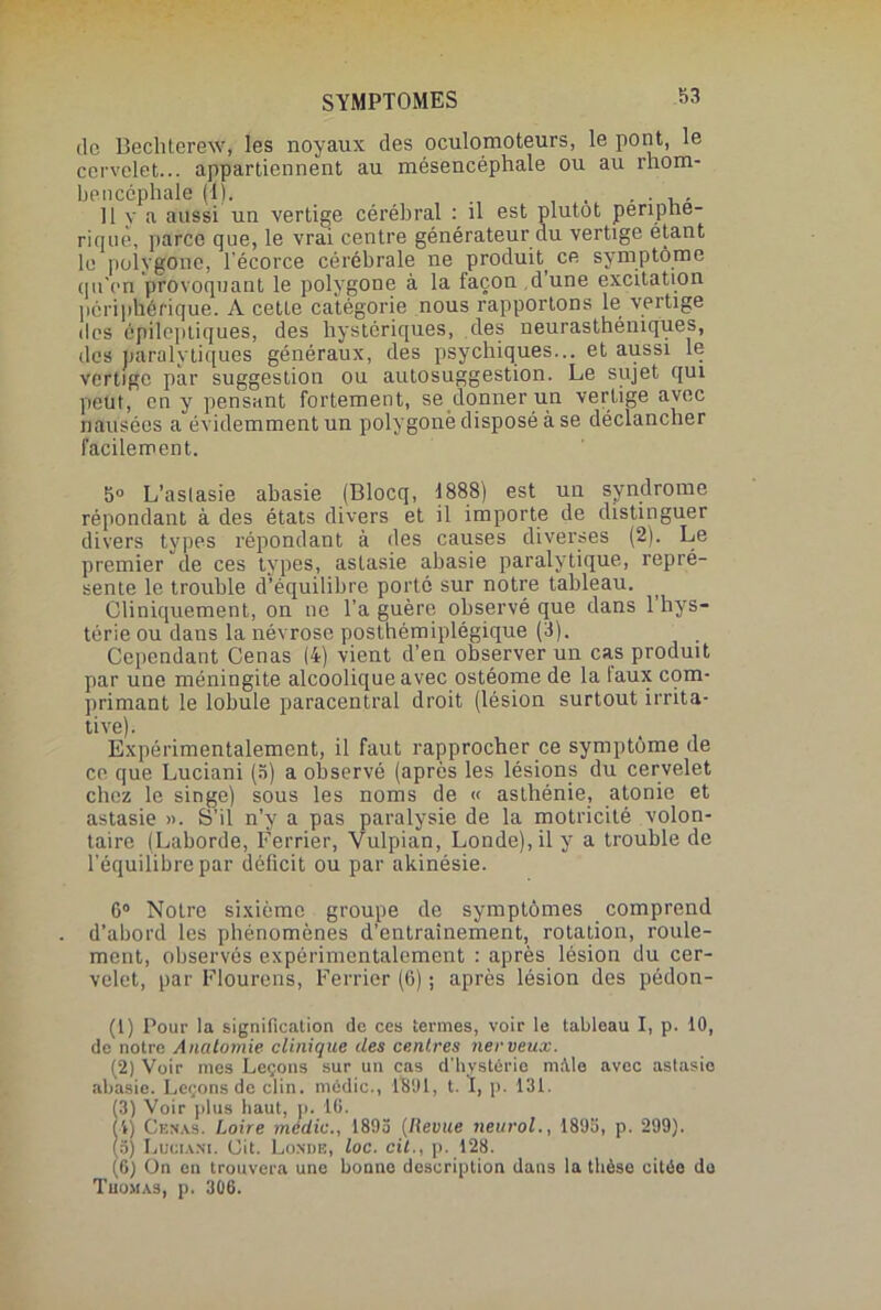 SYMPTOMES $3 de Bechterew, les noyaux des oculomoteurs, le pont, le cervelet... appartiennent au mésencéphale ou au rhom- benccphale (1). . . , . 11 y a aussi un vertige cérébral : il est plutôt périphé- rique, parce que, le vrai centre générateur du vertige étant le polygone, l’écorce cérébrale ne produit^ ce symptôme qu'en provoquant le polygone à la façon d’une excitation périphérique. A cette catégorie nous rapportons le vertige des épileptiques, des hystériques, des neurasthéniques, des paralytiques généraux, des psychiques... et aussi le vertige par suggestion ou autosuggestion. Le sujet qui peut, en y pensant fortement, se donner un vertige avec nausées a évidemment un polygonë disposé à se déclancher facilement. 5° L’aslasie abasie (Blocq, 1888) est un syndrome répondant à des états divers et il importe de distinguer divers types répondant à des causes diverses (2). Le premier de ces types, aslasie abasie paralytique, repré- sente le trouble d’équilibre porté sur notre tableau. Cliniquement, on ne l’a guère observé que dans 1 hys- térie ou dans la névrose posthémiplégique (3). Cependant Cenas (4) vient d’en observer un cas produit par une méningite alcoolique avec ostéome de la taux com- primant le lobule paracentral droit (lésion surtout irrita- tive). Expérimentalement, il faut rapprocher ce symptôme de ce que Luciani (5) a observé (après les lésions du cervelet chez le singe) sous les noms de « asthénie, atonie et astasie ». S’il n’y a pas paralysie de la motricité volon- taire (Laborde, Ferrier, Vulpian, Londe),il y a trouble de l'équilibre par déficit ou par akinésie. 6° Notre sixième groupe de symptômes comprend d’abord les phénomènes d’entraînement, rotation, roule- ment, observés expérimentalement : après lésion du cer- velet, par Flourens, Ferrier (6) ; après lésion des pédon- (1) Pour la signification de ces termes, voir le tableau I, p. 10, de notre Anatomie clinique des centres nerveux. (2) Voir mes Leçons sur un cas d’hystérie mâle avec astasie abasie. Leçons de clin, médic., 1801, t. I, p. 131. (3) Voir plus haut, p. 16. (1) Cenas. Loire médic., 1893 (Revue neurol., 1893, p. 299). (3) Luciani. Cit. Lonhe, toc. cil., p. 128. (G) On en trouvera une bonne description dans la thèse citée do Thomas, p. 3Û6.