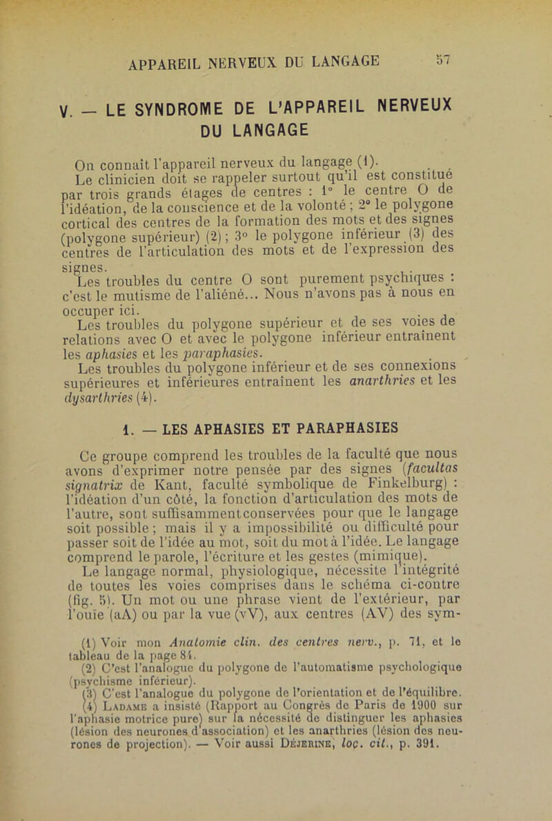 V. — LE SYNDROME DE L’APPAREIL NERVEUX DU LANGAGE On connaît l’appareil nerveux du langage (1). Le clinicien doit se rappeler surtout qu’il est constitue par trois grands élages de centres : 1° le centre O de l’idéation, de la conscience et de la volonté ; 2° le polygone cortical des centres de la formation des mots et des signes (polygone supérieur) (2); 3° le polygone inférieur (3) des centres de l’articulation des mots et de 1 expression des signes. , . Les troubles du centre O sont purement psychiques : c’est le mutisme de l’aliéné... Nous n’avons pas à nous en occuper ici. Les troubles du polygone supérieur et de ses voies de relations avec O et avec le polygone inférieur entraînent les aphasies et les paraphasies. Les troubles du polygone inférieur et de ses connexions supérieures et inférieures entraînent les anarthries et les clysarthries (4). 1. — LES APHASIES ET PARAPHASIES Ce groupe comprend les troubles de la faculté que nous avons d’exprimer notre pensée par des signes (facultas signatrix de Kant, faculté symbolique de Finkelburg) : l’idéation d’un côté, la fonction d’articulation des mots de l'autre, sont suffisammentconservées pour que le langage soit possible; mais il y a impossibilité ou difficulté pour passer soit de l’idée au mot, soit du mot à l’idée. Le langage comprend le parole, l’écriture et les gestes (mimique). Le langage normal, physiologique, nécessite 1 intégrité de toutes les voies comprises dans le schéma ci-contre (fig. 5). Un mot ou une phrase vient de l’extérieur, par l’ouïe (aA) ou par la vue (vV), aux centres (AY) des sym- (1) Voir mon Anatomie clin, des centres nerv., p. 71, et le tableau de la page 84. (2) C’est l’analogue du polygone de l’automatisme psychologique (psychisme inférieur). (3) C'est l’analogue du polygone de l’orientation et de l’équilibre. (4) Ladame a insisté (Rapport au Congrès do Paris de 1900 sur l'aphasie motrice pure) sur la nécessité de distinguer les aphasies (lésion des neurones d association) et les anarthries (lésion des neu- rones de projection). — Voir aussi Déjeiune, loç. cil., p. 391.