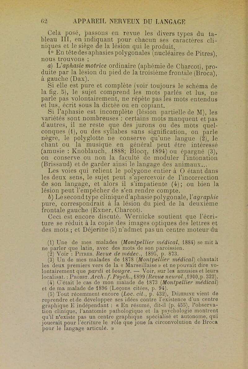 Cela posé, passons en revue les divers types du ta- bleau III, en indiquant pour chacun ses caractères cli- niques et le siège de la lésion qui le produit. i° En tête des aphasies polygonales (nucléaires de Pitres), nous trouvons : a) L’aphasie motrice ordinaire (aphémie de Charcot), pro- duite par la lésion du pied de la troisième frontale (Broca), à gauche (Dax). Si elle est pure et complète (voir toujours le schéma de la fig. 5), le sujet comprend les mots parlés et lus, ne parle pas volontairement, ne répète pas les mots entendus et lus, écrit sous la dictée ou en copiant. Si l’aphasie est incomplète (lésion partielle de M), les variétés sont nombreuses : certains mots manquent et pas d’autres, il ne reste que des jurons ou des mots quel- conques (1), ou des syllabes sans signification, on parle nègre, le polyglotte ne conserve qu’une langue (2), le chant ou la musique en général peut être intéressé (amusie : Ivnoblaucn, 1888; Blocq, 1894) ou épargné (3), on conserve ou non la faculté de moduler l’intonation (Brissaud) et de garder ainsi le langage des animaux... Les voies qui relient le polygone entier à O étant dans les deux sens, le sujet peut s’apercevoir de l’incorrection de son langage, et alors il s’impatiente (4) ; ou bien la lésion peut l’empêcher de s’en rendre compte. b) Le second type clinique d’aphasie polygonale, 1 ’agraphic pure, correspondrait à la lésion du pied de la deuxième frontale gauche (Exner, Charcot). Ceci est encore discuté. Wernicke soutient que l’écri- ture se réduit à la copie des images optiques des lettres et des mots ; et Déjerine (5) n’admet pas un centre moteur du (1) Une de mes malades (Montpellier médical, 1884) se mit à ne parler que latin, avec des mots de son paroissien. (2) Voir : Pitres. Revue de médec., 1895, p. 873. (3) Un de mes malades de 1878 (Montpellier médical) chantait les deux premiers vers de la « Marseillaise» et ne pouvait dire vo- lontairement que pardi et bougre. — Voir, sur les amusies et leurs localisât. : Proust. Arch. f. Psijch., 1899 (Revue ?îei«’o/.,1900,p. 322). (4) C'était le cas de mon malade de 1873 (Montpellier médical) et de ma malade de 1896 (Leçons citées, p. 94). (5) Tout récemment encore (Loc. ait., p. 432), Déjerine vient de reprendre et de développer ses idées contre l'existence d'un centre graphique E indépendant : « En résumé, dit-il (p. 455), l’observa- tion clinique, l'anatomie pathologique et la psychologie montrent qu’il n’existe pas un centre graphique spécialisé et autonome, qui jouerait pour l'écriture le rôle que joue la circonvolution de Broca pour le langage articulé. »
