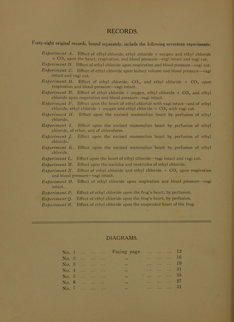 RECORDS. Forty-eight original records, bound separately, include the following seventeen experiments: Experiment A. Effect of ethyl chloride, ethyl chloride + oxygen and ethyl chloride + CO, upon the heart, respiration, and blood pressure—vagi intact and vagi cut. Experiment B. Effect of ethyl chloride upon respiration and blood pressure—vagi cut. Experiment C. Effect of ethyl chloride upon kidney volume and blood pressure—vagi intact and vagi cut. Experiment D. Effect of ethyl chloride, C02, and ethyl chloride + CO.., upon respiration and blood pressure—vagi intact. Experiment E. Effect of ethyl chloride + oxygen, ethyl chloride + C02 and ethyl chloride upon respiration and blood pressure—vagi intact. Experiment F. Effect upon the heart of ethyl chloride with vagi intact—and of ethyl chloride, ethyl chloride + oxygen and ethyl chloride + C02 with vagi cut. Experiment H. Effect upon the excised mammalian heart by perfusion of ethyl chloride. Experiment I. Effect upon the excised mammalian heart by perfusion of ethyl chloride, of ether, and of chloroform. Experiment J. Effect upon the excised mammalian heart by perfusion of ethyl chloride. Experiment K. Effect upon the excised mammalian heart by perfusion of ethyl chloride. Experiment L. Effect upon the heart of ethyl chloride—vagi intact and vagi cut. Experiment M. Effect upon the auricles and ventricles of ethyl chloride. Experiment N. Effect of ethyl chloride and ethyl chloride + C02 upon respiration and blood pressure—vagi intact. Experiment O. Effect of ethyl chloride upon respiration and blood pressure—vagi intact. Experiment P. Effect of ethyl chloride upon the frog’s heart, by perfusion. Experiment Q. Effect of ethyl chloride upon the frog’s heart, by perfusion. Experiment R. Effect of ethyl chloride upon the suspended heart of the frog. DIAGRAMS. No. 1 No. 2 No. 3 No. 5 No. 6 No. 7 12 16 19 21 25 27 31 Facing page