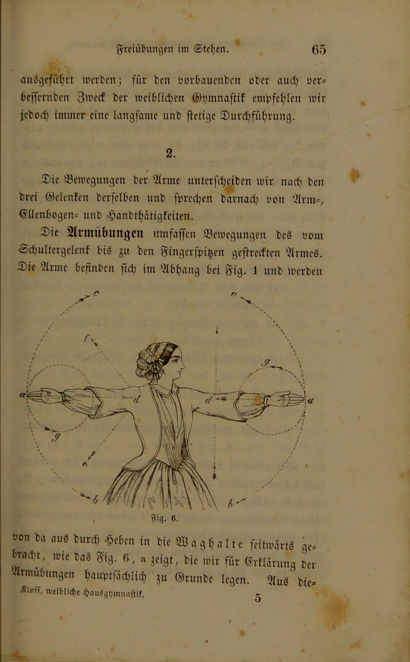 auögefn^rt werben; für ben borbauenben ober and} öer= beffernben 3wed ber weibltcben ©bmnaftif ein^3fet;ien wir jebod; immer eine langfame unb fietige 2)urc:^fül;rung. 2. Sie Bewegungen ber 5(rmc unterfefj^iben wir narf) ben brei ©elcnfen berfetben unb f^sreeben bnrnacb üon '^lrm=, ©Uenbogen» unb >ganbtbätigfeiten. Sie sirmübungc« umfnffen Bewegungen beö bom vsebutiergetenf biö ju ben Fingerfpi|en gefireeften 5lrmeö. Sie 5lrme befinben ftd; im 5tbbang bei Fig. 1 unb werben twn ba aus burd) ^eben in bic Sugbaltc feitwartS ge= twdn, wie baö Fig. 6, a ^eigt, bic wir für (ärfiarung ber ^Itnmbungen baubtfäd;iid; ju ©runbe legen. 5(u0 bie* •RIoff, njeiblit^e §aii«giimiuiftif. t