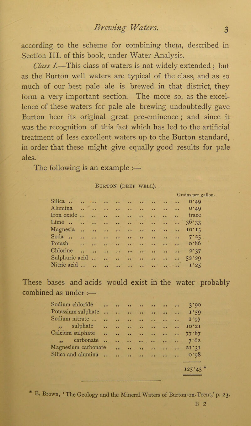 according to the scheme for combining them, described in Section III. of this book, under Water Analysis. Class /.—This class of waters is not widely extended ; but as the Burton well waters are typical of the class, and as so much of our best pale ale is brewed in that district, they form a very important section. The more so, as the excel- lence of these waters for pale ale brewing undoubtedly gave Burton beer its original great pre-eminence; and since it was the recognition of this fact which has led to the artificial treatment of less excellent waters up to the Burton standard, in order that these might give equally good results for pale ales. The following is an example :— Burton (deep well). Grains per gallon. Silica o • 49 Alumina o • 49 Iron oxide , .. .. trace Lime 36*33 Magnesia 10*15 Soda 7*2 5 Potash o*86 Chlorine 2*37 Sulphuric acid 52'29 Nitric acid 1*25 These bases and acids would exist in the water probably combined as under :— Sodium chloride 3 *90 Potassium sulphate 1*59 Sodium nitrate 1*97 ,, sulphate 10*21 Calcium sulphate 77 *87 ,, carbonate 7*62 Magnesium carbonate 21*31 Silica and alumina 0*98 125*45 * * E. Brown, ‘ The Geology and the Mineral Waters of Burton-on-Trent,’p. 23. B 2