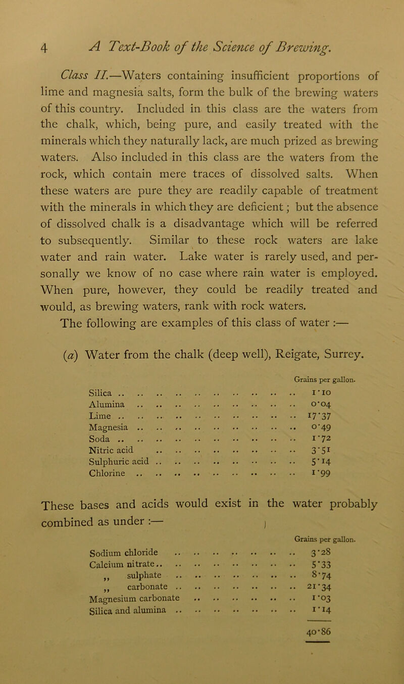 Class II.—Waters containing insufficient proportions of lime and magnesia salts, form the bulk of the brewing waters of this country. Included in this class are the waters from the chalk, which, being pure, and easily treated with the minerals which they naturally lack, are much prized as brewing waters. Also included in this class are the waters from the rock, which contain mere traces of dissolved salts. When these waters are pure they are readily capable of treatment with the minerals in which they are deficient; but the absence of dissolved chalk is a disadvantage which will be referred to subsequently. Similar to these rock waters are lake water and rain water. Lake water is rarely used, and per- sonally we know of no case where rain water is employed. When pure, however, they could be readily treated and would, as brewing waters, rank with rock waters. The following are examples of this class of water :— (a) Water from the chalk (deep well), Reigate, Surrey. Grains per gallon. Silica i ‘ io Alumina o • 04 Lime 17'37 Magnesia .. .. , °'49 Soda 1*72 Nitric acid 3'S1 Sulphuric acid 5‘14 Chlorine i’99 These bases and acids would exist in the water probably combined as under :— j Grains per gallon. Sodium chloride 3'28 Calcium nitrate 5 ‘ 33 ,, sulphate 8 ’74 ,, carbonate 21’34 Magnesium carbonate 1*03 Silica and alumina 1*14 40*86