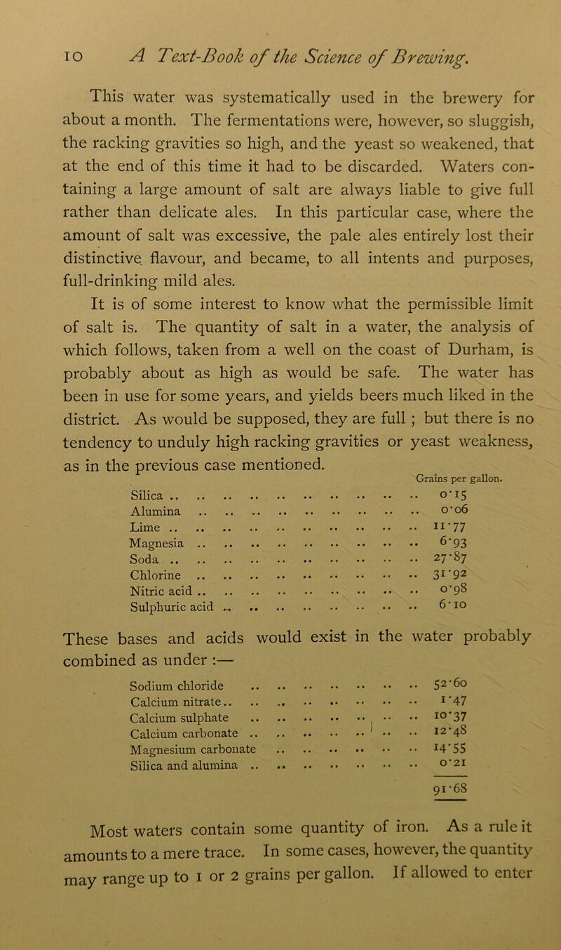 This water was systematically used in the brewery for about a month. The fermentations were, however, so sluggish, the racking gravities so high, and the yeast so weakened, that at the end of this time it had to be discarded. Waters con- taining a large amount of salt are always liable to give full rather than delicate ales. In this particular case, where the amount of salt was excessive, the pale ales entirely lost their distinctive flavour, and became, to all intents and purposes, full-drinking mild ales. It is of some interest to know what the permissible limit of salt is. The quantity of salt in a water, the analysis of which follows, taken from a well on the coast of Durham, is probably about as high as would be safe. The water has been in use for some years, and yields beers much liked in the district. As would be supposed, they are full; but there is no tendency to unduly high racking gravities or yeast weakness, as in the previous case mentioned. Grains per gallon. Silica Alumina Lime Magnesia Soda Chlorine Nitric acid Sulphuric acid „ 0-15 o'o6 n-77 6-93 27-87 31-92 0-98 6-io These bases and acids would exist in the water probably combined as under :— Sodium chloride 52*60 Calcium nitrate 1 '47 Calcium sulphate •• •• I0'37 Calcium carbonate 12-48 Magnesium carbonate I4'SS Silica and alumina .. .. o'21 91-68 Most waters contain some quantity of iron. As a rule it amounts to a mere trace. In some cases, however, the quantity