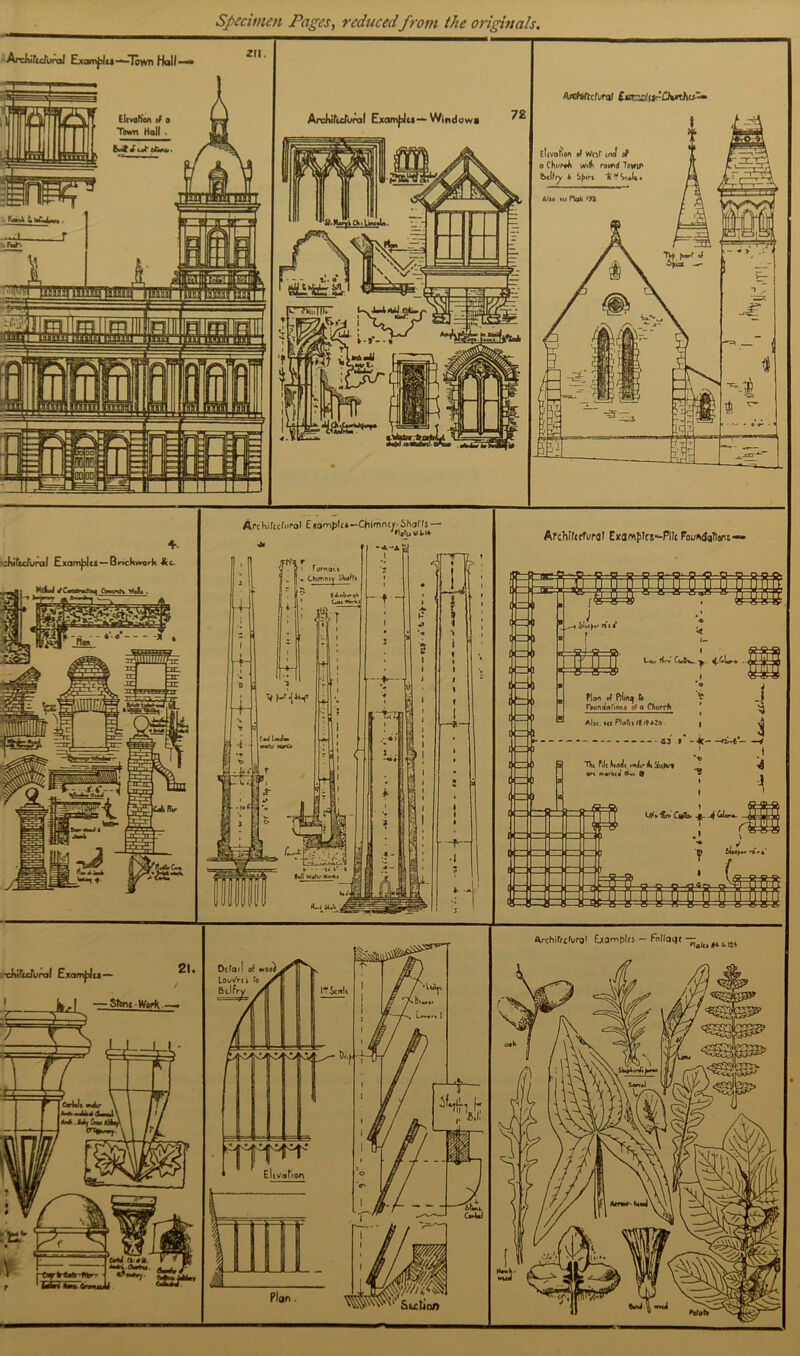 Specimen Pages, reduced from the originals. fcchSlkcfuraf Examples — Brickwork MiJmJ i C«rofrwiKo^ Comtntx «Ji . Arc Hiftcfi'rol £ <o^t)lci-C*iimncy- Shafts - *• IflfuWH* “***A JLjJ rMutvral Example*— ^ * * —SftmWork —. V—— p*w a 4k l*' i Station ArchiftcfuraJ Exaroptrs^Pilc FouMaHoM-* ^chifrcW Examulfs - Foliatjt —(4 lB