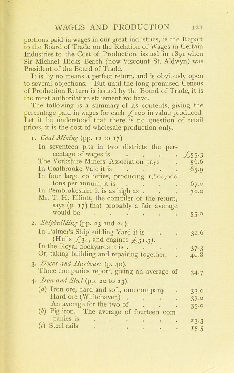 portions paid in wages in our great industries, is the Report to the Board of Trade on the Relation of Wages in Certain Industries to the Cost of Production, issued in 1891 when Sir Michael Plicks Beach (now Viscount St. Aldwyn) was President of the Board of Trade. It is by no means a perfect return, and is obviously open to several objections. But until.the long promised Census of Production Return is issued by the Board of Trade, it is the most authoritative statement we have. The following is a summary of its contents, giving the percentage paid in wages for each ^100 in value produced. Let it be understood that there is no question of retail prices, it is the cost of wholesale production only. 1. Coal Mining (pp. 12 to 17). In seventeen pits in two districts the per- centage of wages is .... The Yorkshire Miners’ Association pays In Coalbrooke Vale it is In four large collieries, producing 1,600,000 tons per annum, it is In Pembrokeshire it is as high as . Mr. T. H. Elliott, the compiler of the return, says (p. 17) that probably a fair average would be ..... 2. Shipbuilding (pp. 23 and 24). In Palmer’s Shipbuilding Yard it is (Hulls ,£34, and engines £31.3). In the Royal dockyards it is . Or, taking building and repairing together, 3. Docks and Harbours (p. 40). Three companies report, giving an average of 4. Iron and Steel (pp. 20 to 23). (a) Iron ore, hard and soft, one company Hard ore (Whitehaven) .... An average for the two of (b) Pig iron. The average of fourteen com- panies is ..... (c) Steel rails ...... ^55-3 56.6 65-9 67.0 70.0 55-° 32.6 37-3 40.8 34-7 33-o 37-o 35-o 23-3 15-5