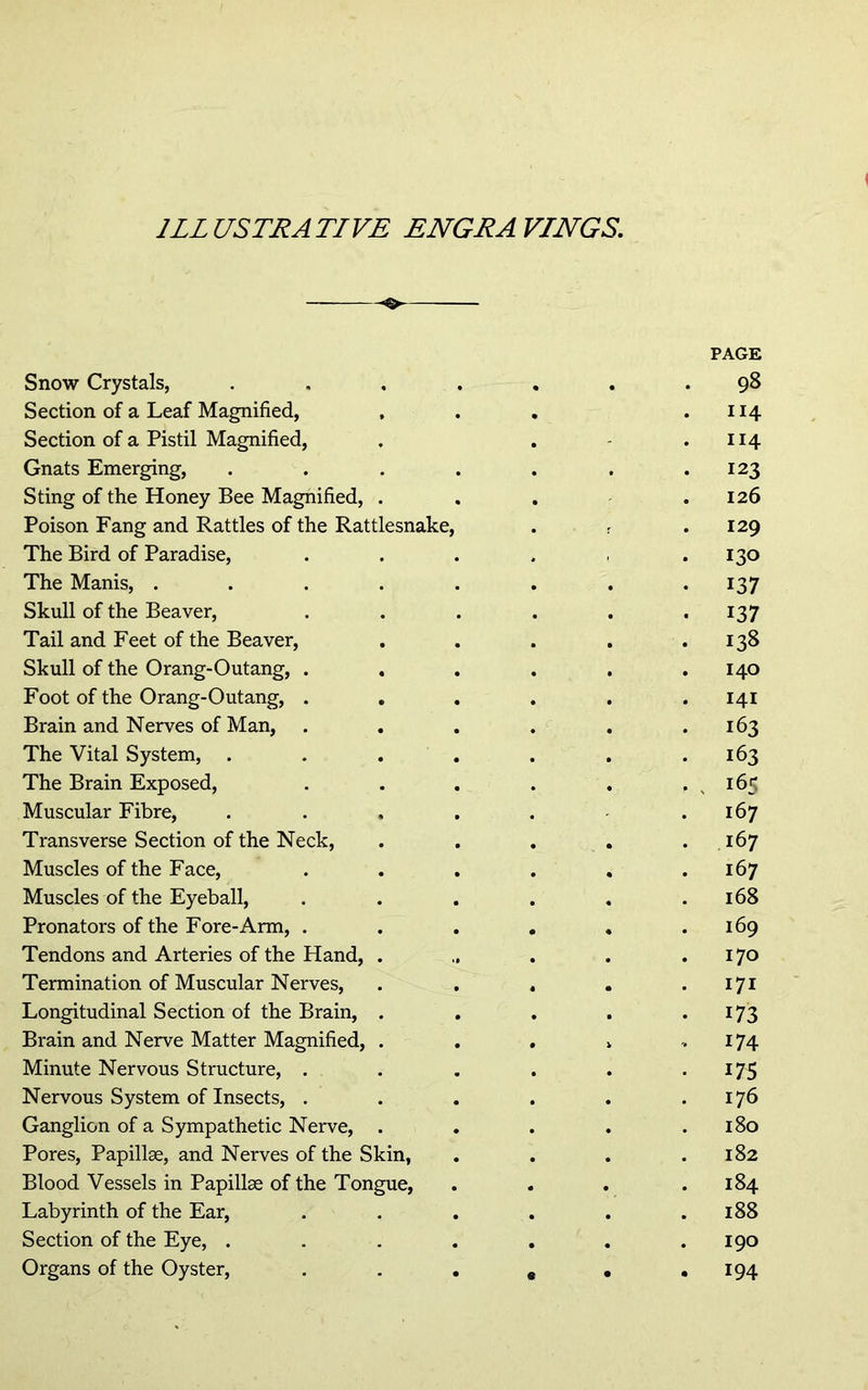 ILL ULTRA TLVE ENGRA VINGS. Snow Crystals, PAGE 98 Section of a Leaf Magnified, 114 Section of a Pistil Magnified, II4 Gnats Emerging, . 123 Sting of the Honey Bee Magnified, . 126 Poison Fang and Rattles of the Rattlesnake, 129 The Bird of Paradise, 130 The Manis, .... 137 Skull of the Beaver, 137 Tail and Feet of the Beaver, 138 Skull of the Orang-Outang, . 140 Foot of the Orang-Outang, . I4I Brain and Nerves of Man, 163 The Vital System, . . . 163 The Brain Exposed, . 165 Muscular Fibre, 167 Transverse Section of the Neck, 167 Muscles of the Face, 167 Muscles of the Eyeball, 168 Pronators of the Fore-Arm, . 169 Tendons and Arteries of the Hand, . 170 Termination of Muscular Nerves, 171 Longitudinal Section of the Brain, . 173 Brain and Nerve Matter Magnified, . , 174 Minute Nervous Structure, . 175 Nervous System of Insects, . 176 Ganglion of a Sympathetic Nerve, 180 Pores, Papillae, and Nerves of the Skin, 182 Blood Vessels in Papillae of the Tongue, 184 Labyrinth of the Ear, 188 Section of the Eye, . . 190 Organs of the Oyster, « . 194