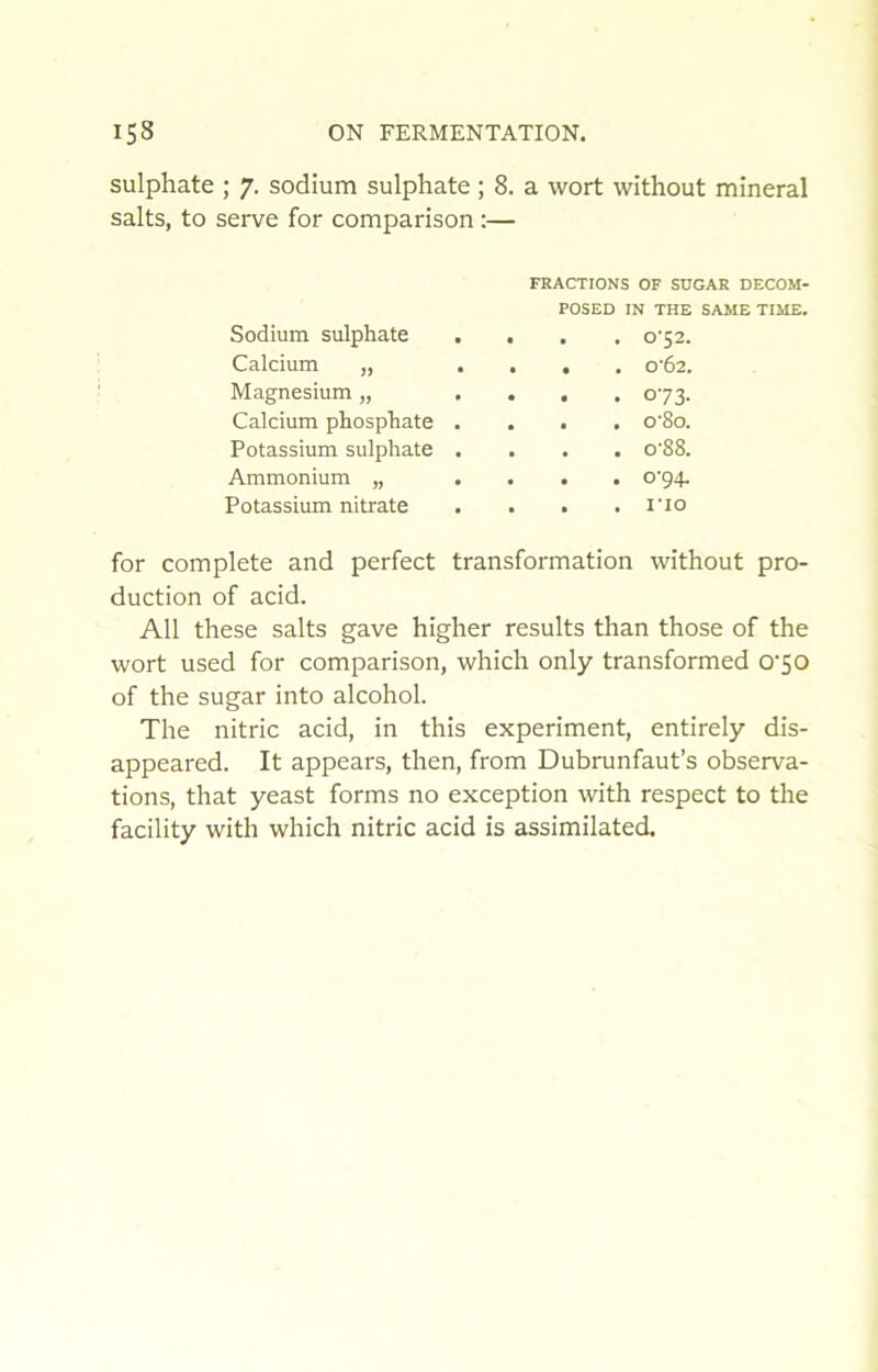 sulphate ; 7. sodium sulphate ; 8. a wort without minerai salts, to serve for comparison :— FRACTIONS OF SÜGAR DECOM- POSED IN THE SAME TIME. Sodium sulphate . . . . 0'52. Calcium „ ... . 0’62. Magnésium „ ... . 073. Calcium phosphate . . . . o'8o. Potassium sulphate . • o'88. Ammonium „ ... . 0-94. Potassium nitrate . . . rio for complété and perfect transformation without pro- duction of acid. AU these salts gave higher results than those of the wort used for comparison, which only transformed 0'50 of the sugar into alcohol. The nitric acid, in this experiment, entirely dis- appeared. It appears, then, from Dubrunfaut’s observa- tions, that yeast forms no exception with respect to the facility with which nitric acid is assimilated.