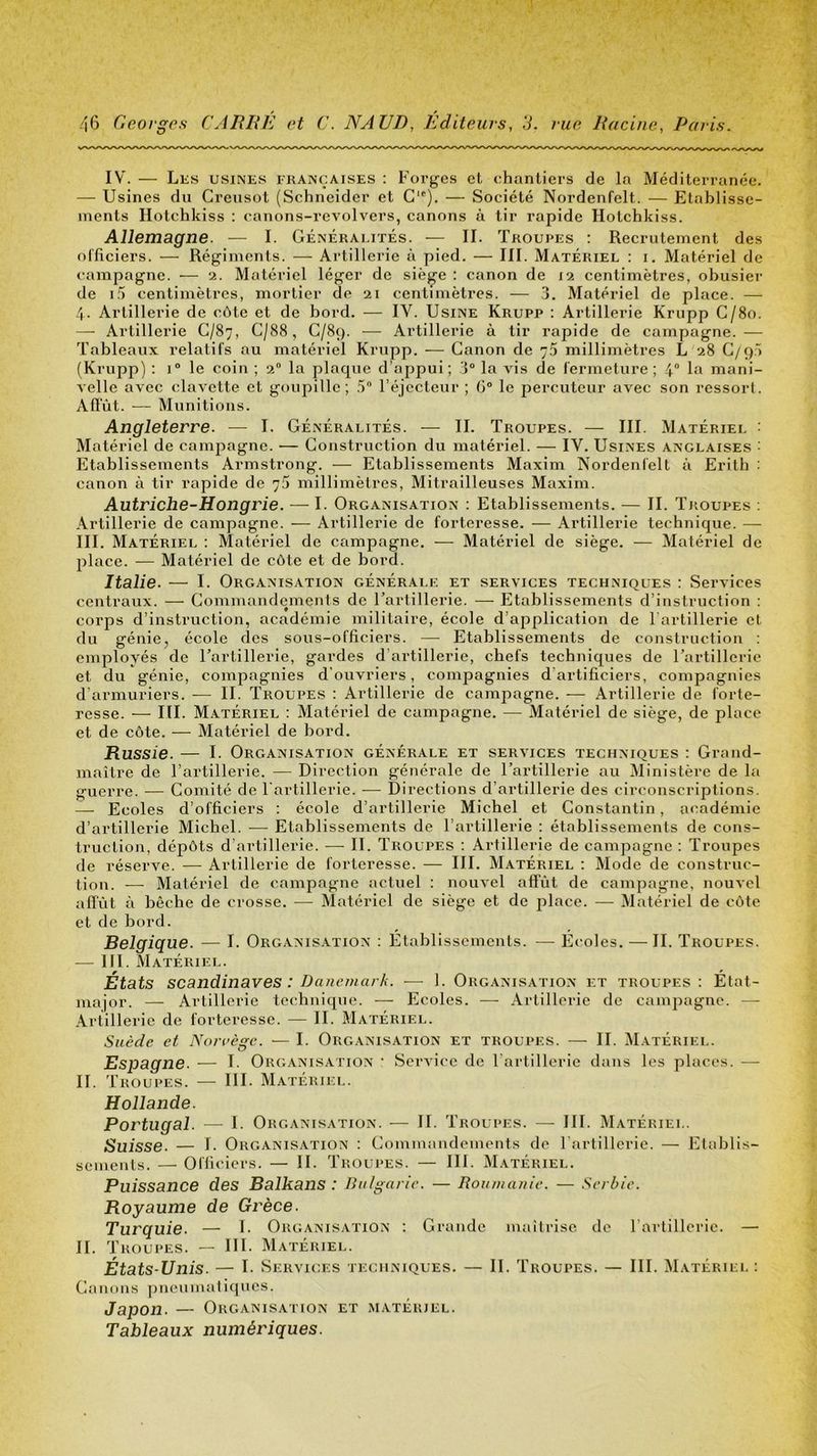IV. — Les usines françaises : Forges cl chantiers de la Méditerranée. — Usines du Creusot (Schneider et G). — Société Nordenfelt. — Etahlisse- inents Ilotchkiss : canons-revolvers, canons à tir rapide Hotchkiss. Allemagne. — I. Générai.ités. — II. Troupes : Recrutement des officiers. — Régiments. — Artillerie à pied. — III. Matériel : i. Matériel de i-ampagne. — 2. Matériel léger de siège : canon de 12 centimètres, obusier de centimètres, mortier de 21 centimètres. — 3. Matériel de place. — 4. Artillerie de côte et de bord. — IV. Usine Krupp : Artillerie Krupp C/80. — Artillerie C/87, G/88, C/89. — Artillerie à tir rapide de campagne. — Tableaux relatifs au matériel Krupp. — Canon de 75 millimètres L 28 C/9.^ (Krupp) : 1° le coin ; 2“ la plaque d’appui; 3“ la vis de fermeture; 4“ la mani- velle avec clavette et goupille; .5 l’éjccteur ; (3® le percuteur avec son ressort. Affût. — Munitions. Angleterre. — I. Généralités. — II. Troupes. — III. Matériel : Matériel de campagne. — Construction du matériel. — IV. Usines anglaises ■ Etablissements Armstrong. — Etablissements Maxim Nordenfelt à Erith : canon à tir rapide de 7^ millimètres. Mitrailleuses Maxim. Autriche-Hongrie. — I. Organisation : Etablissements. — II. Troupes ; .\rtillerie de campagne. — Artillerie de forteresse. — Artillerie technique. — III. Matériel : Matériel de campagne. — Matériel de siège, — Matériel de place. — Matériel de côte et de bord. Italie. — I. Organisation générale et services techniques : Services centraux. — Commandements de l’artillerie. — Etablissements d’instruction : corps d’instruction, académie militaire, école d’application de l’artillerie et du génie, école des sous-officiers. — Etablissements de construction : employés de l’artillerie, gardes d’artillerie, chefs techniques de l’artillerie et du génie, compagnies d’ouvriers, compagnies d’artificiers, compagnies d’armuriers. — II. Troupes ; Artillerie de campagne. — Artillerie de forte- resse. — III. Matériel ; Matériel de campagne. — Matériel de siège, de place et de côte. — Matériel de bord. Russie. — I. Organisation générale et services techniques : Grand- maître de l’artillerie. — Direction générale de l’artillerie au Ministère de la guerre. — Comité de l'artillerie. — Directions d’artillerie des circonscriptions. — Ecoles d’officiers : école d’artillerie Michel et Constantin, académie d’artillerie Michel. — Etablissements de l’artillerie : établissements de cons- truction, dépôts d’artillerie. — II. Troupes : Artillerie de campagne : Troupes de réserve. — Artillerie de forteresse. — III. Matériel ; Mode de construc- tion. — Matériel de campagne actuel : nouvel affût de campagne, nouvel affût à bêche de crosse. — Matériel de siège et de place. — Matériel de côte et de bord. Belgique. — I. Organisation : Etablissements. — Ecoles. —II. Troupes. — lll. Matériel. États Scandinaves : Danemark. — 1. Organisation et troupes: Etat- major. — Artillerie technique. — Ecoles. — Artillerie de camjiague. — Artillerie de forteresse. — II. Matériel. Suède et Norvège. — I. Organisation et troupes. — II. Matériel. Espagne. — T- Org.vnisation • Service de l’artillerie dans les places. — II. T ROUPES. — III. Matériei.. Hollande. Portugal. — I. Organisation. — II. Troupes. — III. Matériel. Suisse. — I. Organisation : Commandements de l'artillerie. — Etablis- sements. — Officiers. — II. Troupes. — III. Matériel. Puissance des Balkans : Bulgarie. — lîoumanie. — Serbie. Royaume de Grèce. Turquie. — I- Organisation : Grande maîtrise de l’artillerie. — II. 3’roupes. — III. Matériel. États-Unis. — L Services techniques. — II. Troupes. — III. Matériel : Canons piieninatiqncs. Japon. — Organisation et matériel. Tableaux numériques.