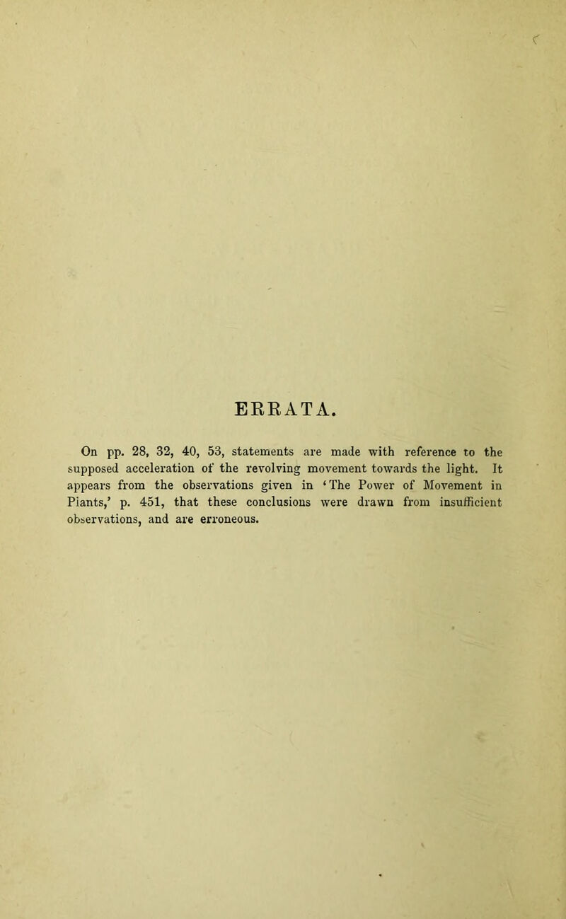 EEEATA On pp. 28, 32, 40, 53, statements are made with reference to the supposed acceleration of the revolving movement towards the light. It appears from the observations given in ‘The Power of Movement in Plants,’ p. 451, that these conclusions were drawn from insufficient observations, and are erroneous.