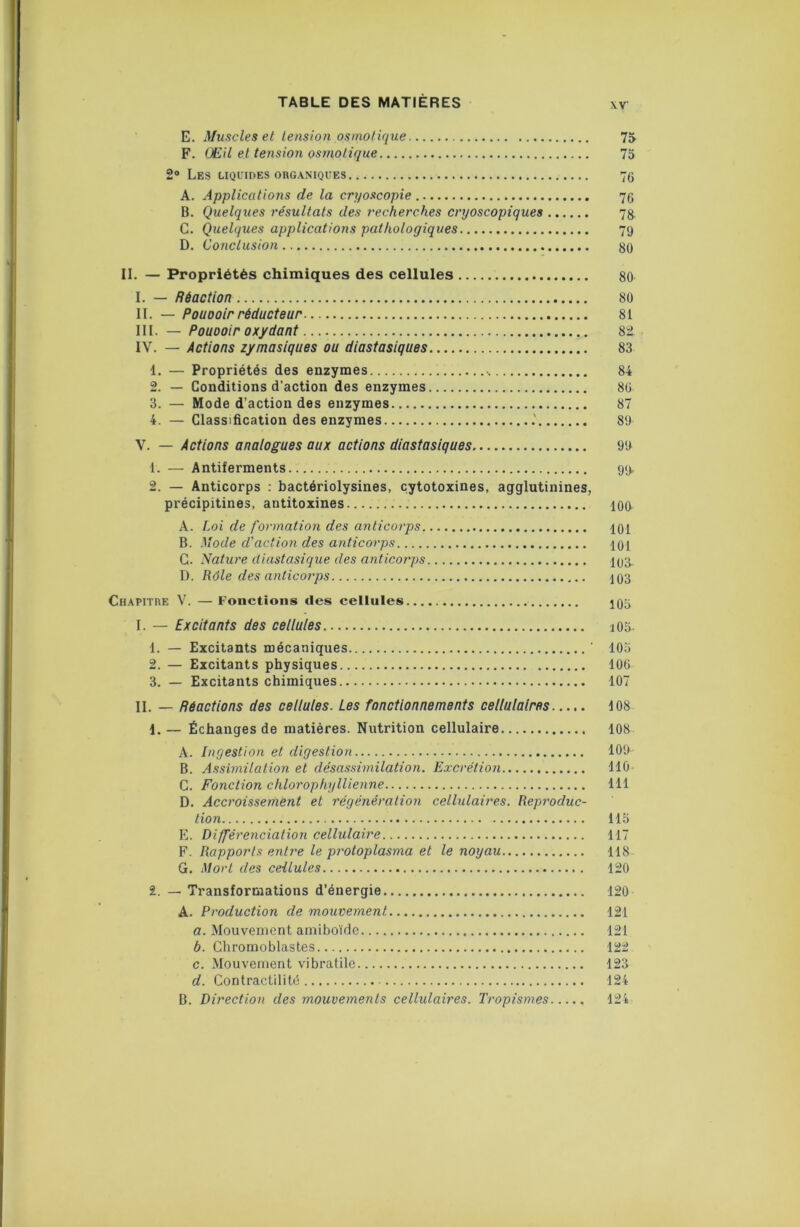 E. Muscles et tension osmotique 75 F. Œil et tension osmotique 75 2® Les liquides organiques 76 A. Applications de la cryoscopie 76 B. Quelques résultats des recherches cryoscopiques 7g G. Quelques applications pathologiques 79 D. Conclusion 60 II. — Propriétés chimiques des cellules 80 I. — Réaction 80 II. — PouDoir réducteur 81 III. — PouDoir oxydant 82 IV. — Actions zymasiques ou diastasiques 83 1. — Propriétés des enzymes 84 2. — Conditions d'action des enzymes 80 3. — Mode d’action des enzymes 87 4. — Classification des enzymes .' 89 V. — Actions analogues aux actions diastasiques 99 1. — Antiferments 99. 2. — Anticorps : bactériolysines, cytotoxines, agglutinines, précipitines, antitoxines lOO A. Loi de formation des anticorps 101 B. Mode d'action des anticorps 101 G. Nature diastasique des anticorps I03.. D. Rôle des anticorps 103 Chapitre V. — Fonctions des cellules IO3 I. — Excitants des cellules a05. 1. — Excitants mécaniques ' 105 2. — Excitants physiques 100 3. — Excitants chimiques 107 II. — Réactions des cellules. Les fonctionnements cellulaires 108 1. — Échanges de matières. Nutrition cellulaire 108 A. Ingestion et digestion 109 B. Assimilation et désassimilation. Excrétion 110 G. Fonction chlorophyllienne 111 D. Accroissement et régénération cellulaires. Reproduc- tion 11.5 E. Différenciation cellulaire 117 F. Rapports ent7'e le protoplasma et le noyau 118 G. Mort des cellules 120 2. — Transformations d’énergie 120 A. Production de mouvement 121 a. Mouvement amiboïde 121 b. Ghromoblastes 122 c. Mouvement vibratilo 123 d. Gontractilité 124 B. Direction des mouvements cellulaires. Tropismes 124