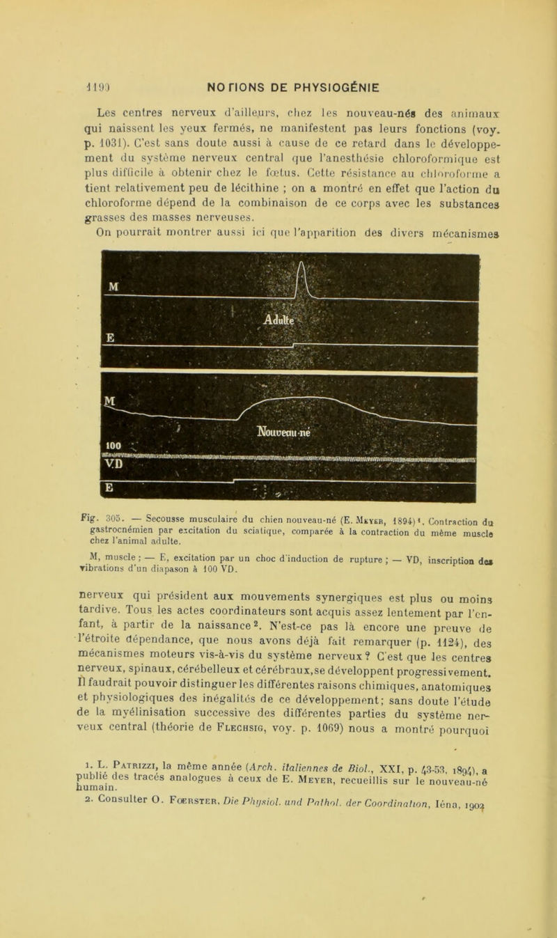 Les centres nerveux d’ailleurs, riiez les nouveau-nés des animaux qui naissent les yeux fermés, ne manifestent pas leurs fonctions (voy. p. 1031). C’est sans doute aussi à cause de ce retard dans le développe- ment du système nerveux central que Tanesthésie chloroformique est plus difficile à obtenir chez le fœtus. Cette résistance au chlorofor-me a tient relativement peu de lécithine ; on a montré en effet que l’action du chloroforme dépend de la combinaison de ce corps avec les substances grasses des masses nerveuses. On pourrait montrer aussi ici que l’apparition des divers mécanismes Fig. 305. —Secousse musculaire du chien nouveau-né (E. .Mkyeb, 1894) «. Contraction du gastroenémien par e.tcitation du sciatique, comparée à la contraction du même muscle chez l’animal adulte. M, muscle; — E, excitation par un choc d'induction de rupture; — VD, inscription des vibrations d’un diapason à 100 VD. nerveux qui président aux mouvements synergiques est plus ou moins tardive. Tous les actes coordinateurs sont acquis assez lentement par l’en- fant, à partir de la naissance N’est-ce pas là encore une preuve de l’étroite dépendance, que nous avons déjà fait remarquer (p. 1124), des mécanismes moteurs vis-à-vis du système nerveux? C’est que les centres nerveux, spinaux, cérébelleux et cérébraux,se développent progressivement. I) faudrait pouvoir distinguer les différentes raisons chimiques, anatomiques et physiologiques des inégalités de ce développement; sans doute l’étude de la myélinisation successive des différentes parties du système ner^ veux central (théorie de Flechsig, voy. p. 1069) nous a montré pourquoi même année (Arch. italiennes de Biol., XXI, p. 4.3-53, i8q4) a publié des tracés analogues à ceux de E. Meyer, recueillis sur le nouveau-'né Duniain. 2. Consulter O. Foehster. Die Phf/.siol. and Pnlhol. der Coordination, léna, igo:^