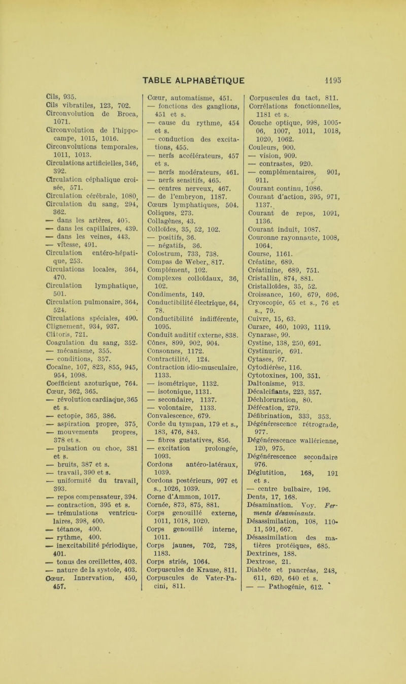 Cils, 935. Cils vibratiles, 123, 702. Circonvolution de Broca, 1071. Circonvolution de l’iiiiipo- campe, 1015, 1016. Circonvolutions temporales, 1011, 1013. Circulations artificielles, 346, 392. Circulation céphalique croi- sée, 571. Circulation cérébrale, 1080, Circulation du sang, 294, 362. — dans les artères, 401. ■— dans les capillaires, 439. — dans les veines, 443. — vitesse, 491. Circulation entéro-hépati- que, 253. Circulations locales, 364, 470. Circulation lymphatique, 501. Circulation pulmonaire, 364, 524. Circulations spéciales, 490. Clignement, 934, 937. Clitoris, 721. Coagulation du sang, 352. — mécanisme, 355. — conditions, 357. Cocaïne, 107, 823, 855, 945, 954, 1098. Coefficient azoturique, 764. Cœur, 362, 365. — révolution cardiaque, 365 et s. — ectopie, 365, 386. — aspiration propre, 375. — mouvements propres, 378 et s. — pulsation ou choc, 381 et 8. — bruits, 387 et s. — travail, 390 et 8. — uniformité du travail, 393. — repos compensateur, 394. — contraction, 395 et s. — trémulations ventricu- laires, 398, 400. — tétanos, 400. — rsrthme, 400. — inexcitabilité périodique, 401. — tonus des oreillettes, 403. — nature de la systole, 403. Coeur. Innervation, 450, 45T. Cœur, automatisme, 451. — fonctions des ganglions, 451 et s. — cause du rythme, 454 et s. — conduction des excita- tions, 455. — nerfa accélérateurs, 457 et s. — nerfs modérateurs, 461. — nerfs sensitifs, 465. — centres nerveux, 467. — de l’embryon, 1187. Cœurs lymphatiques, 504. Coliques, 273. Collagènes, 43. Colloïdes, 35, 52, 102. — positifs, 36. — négatifs, 36. Colostrum, 733, 738. Compas de Weber,. 817. Complément, 102. Complexes colloïdaux, 36, 102. Condiments, 149. Conductibilité électrique, 64, 78. Conductibiiité indifférente, 1095. Conduit auditif externe, 838. Cônes, 899, 902, 904. Consonnes, 1172. Contractilité, 124. Contraction idio-musculaire, 1133. — isométrique, 1132. — isotonique, 1131. — secondaire, 1137. — volontaire, 1133. Convalescence, 679. Corde du tympan, 179 et s., 183, 476, 843. — fibres gustatives, 856. — excitation prolongée, 1093. Cordons antéro-latéraux, 1039. Cordons postérieurs, 997 et s., 1026, 1039. Corne d’Ammon, 1017. Cornée, 873, 875, 881. Corps genouillé externe, 1011, 1018, 1020. Corps genouillé interne, 1011. Corps jaunes, 702, 728, 1183. Corps striés, 1064. Corpuscules de Krause, 811. Corpuscules de Vater-Pa- cini, 811. Corpuscules du tact, 811. Corrélations fonctionnelles, 1181 et s. Couche optique, 998, 1005- 06, 1007, 1011, 1018, 1020, 1062. Couleurs, 900. — vision, 909. — contrastes, 920. — complémentaires, 901, 911. Courant continu, 1086. Courant d’action, 395, 971, 1137. Courant de repos, 1091, 1136. Courant induit, 1087. Couronne rayonnante, 1008, 1064. Course, 1161. Créatine, 689. Créatinine, 689, 751. Cristallin, 874, 881. Cristalloïdes, 35, 52. Croissance, 160, 679, 696. Cryoscopie, 65 et s., 76 et s., 79. Cuivre, 15, 63. Curare, 460, 1093, 1119. Cynarase, 99. Cystine, 138, 250, 691. Cystinurie, 691. Cytases, 97. Cytodiérèse, 116. Cytotoxines, 100, 351. Daltonisme, 913. Décalcifiants, 223, 357. Déchloruration, 80. Défécation, 279. Défibrination, 333, 353. Dégénérescence rétrograde, 977. Dégénérescence wallérienne, 120, 975. Dégénérescence secondaire 976. Déglutition, 168, et s. 191 — centre bulbaire. Dents, 17, 168. 196. Désamination. Voy. menu dégaminants. Fer- Désassimilation, 108, 11, 591, 667. , 110- Désassimilation des ma- tières protéiques, 685. Dextrines, 188. Dextrose, 21. Diabète et pancréas, 248, 611, 620, 640 et s. Pathogénie, 612.