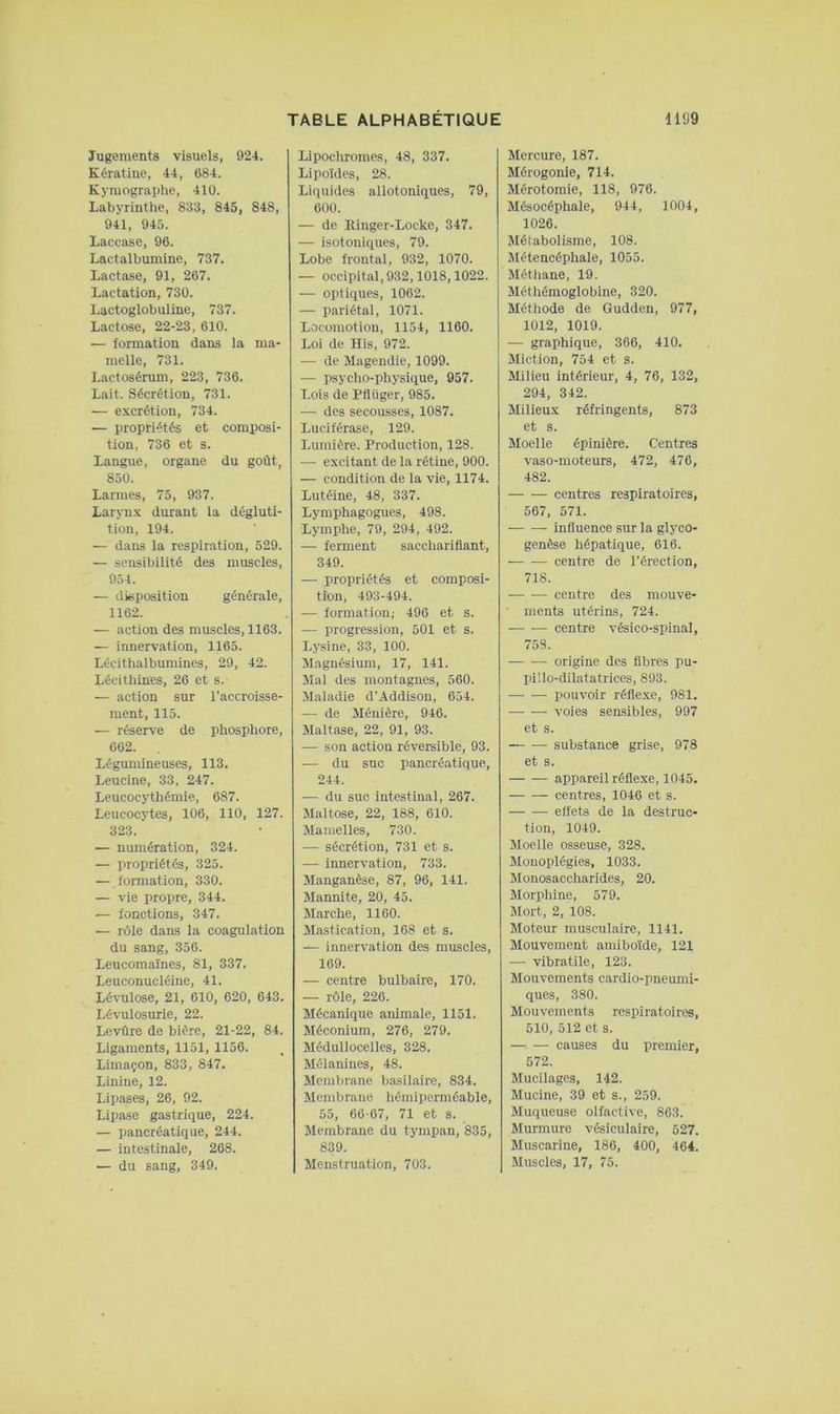 Jugements visuels, 924. Kératine, 44, 684. Kymographe, 410. Labyrinthe, 833, 845, 848, 941, 945. Laccase, 96. Lactalbumine, 737. Lactase, 91, 267. Lactation, 730. Lactoglobuline, 737. Lactose, 22-23, 610. — formation dans la ma- melle, 731. Lactosérum, 223, 736. Lait. Sécrétion, 731. — excrétion, 734. — propriétés et composi- tion, 736 et s. Langue, organe du goût, 850. Larmes, 75, 937. Larynx durant la dégluti- tion, 194. — dans la respiration, 529. — sensibilité des muscles, 954. — disposition générale, 1162. ■— action des muscles, 1163. — innervation, 1165. Léeithalbumines, 29, 42. Lécithines, 26 et s. — action sur l’accroisse- ment, 115. — réserve de phosphore, 662. Légumineuses, 113. Leucine, 33, 247. Leucocythémie, 687. Leucocytes, 106, 110, 127. 323. — numération, 324. — propriétés, 325. — formation, 330. — vie propre, 344. — fonctions, 347. — rôle dans la coagulation du sang, 356. Leucomaïnes, 81, 337. Leuconucléine, 41. Lévulose, 21, 610, 620, 643. Lévulosurie, 22. Levûre de bière, 21-22, 84. Ligaments, 1151, 1156. Limaçon, 833, 847. Linine, 12. Lipases, 26, 92. Lipase gastrique, 224. — pancréatique, 244. — intestinale, 268. — du sang, 349. Lipochromes, 48, 337. Lipoïdes, 28. Liquides allotoniques, 79, 600. — de Kinger-Locke, 347. — isotoniques, 79. Lobe frontal, 932, 1070. — occipital, 932,1018,1022. — optiques, 1062. — pariétal, 1071. Locomotion, 1154, 1160. Loi de His, 972. — de Magendie, 1099. — psycho-physique, 957. Lois de PfUiger, 985. — des secousses, 1087. Luciférase, 129. Lumière. Production, 128. — excitant de la rétine, 900. — condition de la vie, 1174. Lutéine, 48, 337. Lymphagogues, 498. Lymphe, 79, 294, 492. — ferment sacchariflant, 349. — propriétés et composi- tion, 493-494. — formation,' 496 et s. — progression, 501 et s. Lysine, 33, 100. Magnésium, 17, 141. Mal des montagnes, 560. Maladie d'Addison, 654. — de Ménière, 946. Maltase, 22, 91, 93. — son action réversible, 93. — du suc pancréatique, 244. — du suc intestinal, 267. Maltose, 22, 188, 610. Mamelles, 730. — sécrétion, 731 et s. — innervation, 733. Manganèse, 87, 96, 141. Mannite, 20, 45. Marche, 1160. Mastication, 168 et s. innervation des muscles, 169. — centre bulbaire, 170. — rôle, 226. Mécanique animale, 1151. Méconium, 276, 279. Médullocelles, 328. Mélanines, 48. Membrane basilaire, 834. Membrane hémiperméable, 55, 06 07, 71 et s. Membrane du tympan, 835, 839. Menstruation, 703. Mercure, 187. Mérogonie, 714. Mérotomie, 118, 976. Mésocéphale, 944, 1004, 1026. Métabolisme, 108. Métencéphale, 1055. Méthane, 19. Méthémoglobine, 320. Méthode de Gudden, 977, 1012, 1019. ■— graphique, 366, 410. Miction, 754 et s. Milieu intérieur, 4, 76, 132, 294, 342. Milieux réfringents, 873 et s. Moelle épinière. Centres vaso-moteurs, 472, 476, 482. centres respiratoires, 567, 571. influence sur la glyco- genèse hépatique, 616. centre de l’érection, 718. centre des mouve- ments utérins, 724. centre vésico-spinal, 753. — •— origine des flbres pu- pi'.lo-dilatatrices, 893. pouvoir réflexe, 981. voies sensibles, 997 et s. substance grise, 978 et s. appareil réflexe, 1045. centres, 1046 et s. — — effets de la destruc- tion, 1049. Moelle osseuse, 328. Monoplégies, 1033. Monosaccharides, 20. Morphine, 579. Mort, 2, 108. Moteur musculaire, 1141. Mouvement amiboïde, 121 — vibratile, 123. Mouvements cardio-pneumi- ques, 380. Mouvements respiratoires, 510, 512 et s. causes du premier, 572. Mucilages, 142. Mucine, 39 et s., 259. Muqueuse olfactive, 863. Murmure vésiculaire, 527. Muscarine, 186, 400, 464. Muscles, 17, 75.