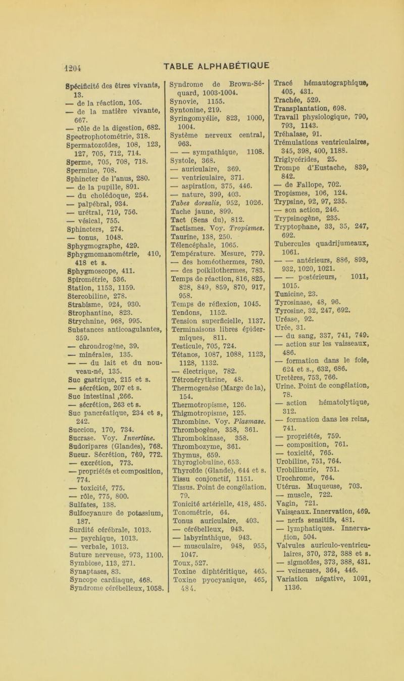 Spécificité des êtres vivants, 13. — de la réaction, 105. — de la matière vivante, 667. — rôle de la digestion, 682. Speotropliotométrie, 318. Spermatozoïdes, 108, 123, 127, 705, 712, 714. Sperme, 705, 708, 718. Spermine, 708. Sphincter de l’anus, 280. — de la pupille, 891. — du cholédoque, 254. — palpébral, 934. — urétral, 719, 756. — vésical, 755. Sphincters, 274. — tonus, 1048. Sphygmographe, 429. Sphygmomanométrie, 410, 418 et s. Sphygmoscope, 411. Splrométrle, 536. Station, 1153, 1159. Stercobiline, 278. Strabisme, 924, 930. Strophantine, 823. Strychnine, 968, 995. Substances anticoagulantes, 359. — chrondrogène, 39. — minérales, 135. du lait et du nou- veau-né, 135. Suc gastrique, 215 et s. — sécrétion, 207 et s. Suc intestinal ,266. — sécrétion, 263 et s. Suc pancréatique, 234 et s, 242. Succion, 170, 734. Sucrase. Voy. Invertine. Sudoripares (Glandes), 768. Sueur. Sécrétion, 769, 772. — excrétion, 773. — propriétés et composition, 774. — toxicité, 775. — rôle, 775, 800. Sulfates, 138. Sulfocyanure de potassium, 187. Surdité cérébrale, 1013. — psychique, 1013. — verbale, 1013. Suture nerveuse, 973, 1100. Symbiose, 113, 271. Synaptases, 83. Syncope cardiaque, 468. Syndrome cérébelleux, 1058. Syndrome de Brown-Sé- quard, 1003-1004. Synovie, 1155. Syntonine, 219. Syringomyélie, 823, 1000, 1004. Système nerveux central, 963. sympathique, 1108. Systole, 368. — auriculaire, 369. — ventriculaire, 371. — aspiration, 375, 446. — nature, 399, 403. Tabes dorsalis, 952, 1026. Tache jaune, 899. Tact (Sens du), 812. Tactismes. Voy. Tropismes. Taurine, 138, 250. Télencéphale, 1065. Température. Mesure, 779. — des homéothermes, 780. — des poikilothermes, 783. Temps de réaction, 816, 825, 828, 849, 859, 870, 917, 958. Temps de réflexion, 1045. Tendons, 1152. Tension superficielle, 1137. Terminaisons libres épider- miques, 811. Testicule, 705, 724. Tétanos, 1087, 1088, 1123, 1128, 1132. — électrique, 782. Tétronérythrine, 48. Thermogenèse (Marge de la), 154. Thermotropisme, 126. Thigmotropisme, 125. Thrombine. Voy. Plasmase. Thrombogène, 358, 361. Thrombokinase, 358. Thrombozyme, 361. Thymus, 659. Thyroglobuline, 653. Thyroïde (Glande), 644 et s. Tissu conjonctif, 1151. Tissus. Point de congélation. 79. Tonicité artérielle, 418, 485. Tonométrie, 64. Tonus auriculaire, 403. — cérébelleux, 943. — labyrinthique, 943. — musculaire, 948, 955, 1047. Toux, 527. Toxine diphtéritique, 465. Toxine pyocyanique, 465, 484. Tracé hémautographique, 405, 431. Trachée, 629. Transplantation, 698. Travail physiologique, 790, 793, 1143. Tréhalase, 91. Trémulations ventriculaires, 345, 398, 400, 1188. Triglycérides, 25. Trompe d’Eustache, 839, 842. — de Fallope, 702. Tropismes, 106, 124. Trypsine, 92, 97, 235. — son action, 246. Trypsinogène, 235. Tryptophane, 33, 35, 247, 692. Tubercules quadrijumeaux, 1061. antérieurs, 886, 893, 932, 1020, 1021. postérieurs, 1011, 1015. Tunicine, 23. Tyrosinase, 48, 96. Tyrosine, 32, 247, 692. Uréase, 92. Urée, 31. — du sang, 337, 741, 749; — action sur les vaisseaux, 486. — formation dans le foie, 624 et s., 632, 686. Uretères, 753, 766. Urine. Point de congélation, 78. — action hématolytique, 312. — formation dans les reins, 741. — propriétés, 759. — composition, 761. — toxicité, 765. Urobiline, 751, 764. Urobilinurie, 751. Urochrome, 764. Utérus. Muqueuse, 703. — muscle, 722. Vagin, 721. Vaisseaux. Innervation, 469. — nerfs sensitife, 481. — lymphatiques. Innerva- tion, 504. Valvules auriculo-ventricu- laires, 370, 372, 388 et s. — sigmoïdes, 373, 388, 431. — veineuses, 364, 446. Variation négative, 1091, 1136.