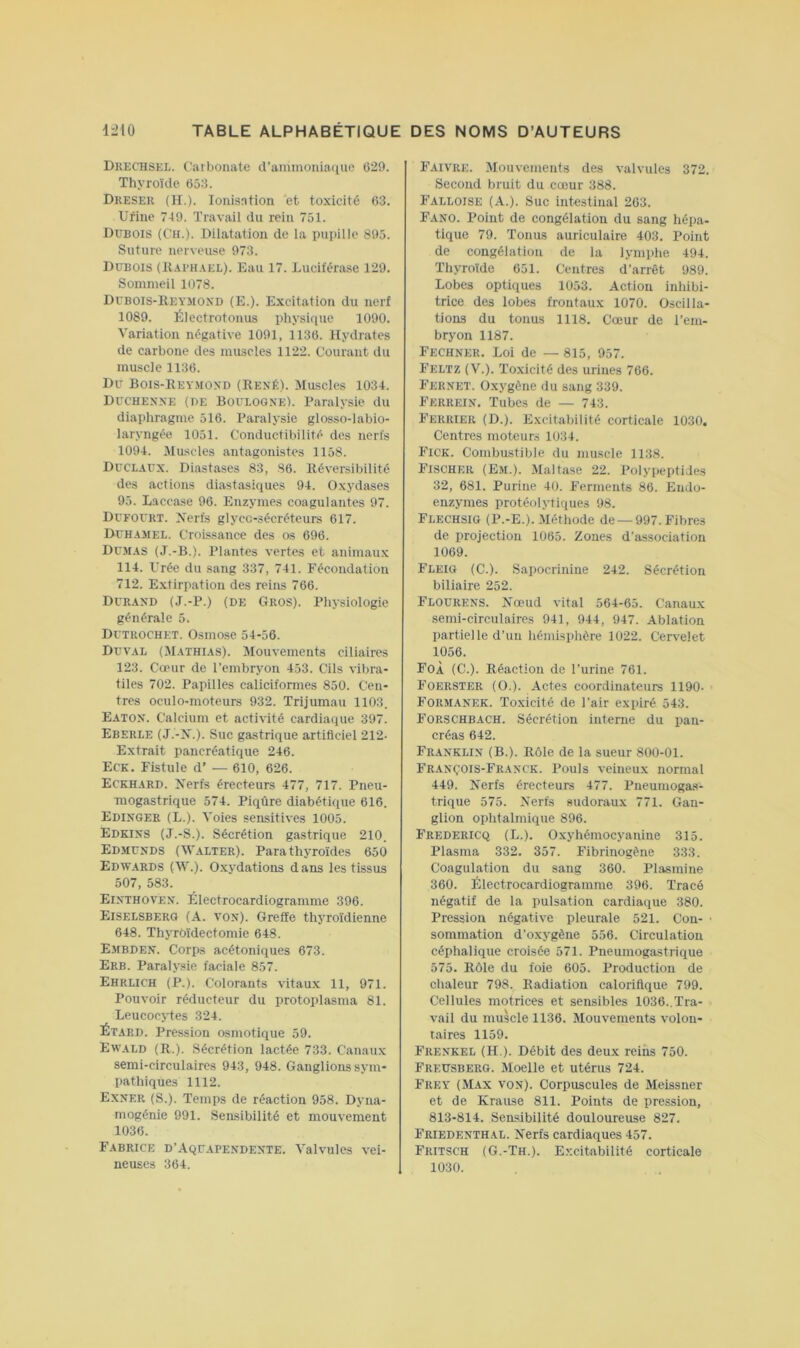 Duechsel. Carbonate d’aminoiiiaciue 629. Thyroïde 653. Dkesek (H.). Ionisation et toxicité 63. Ufine 749. Travail du rein 751. Dubois (Ch.). Dilatation de la pupille 895. Suture nerveuse 973. Dubois (1{ai>h.\el). Eau 17. Luciférase 129. Sommeil 1078. Dubois-Heymoxd (E.). Excitation du nerf 1089. Électrotonus physique 1090. Variation négative 1091, 1136. Hydrates de carbone des muscles 1122. Courant du muscle 1136. Du Bois-Keymoxd (René). Muscles 1034. Duchexxe (I)e Boulogne). Paralysie du diaphragme 516. Paralysie glosso-labio- laryngée 1051. Conductibilité des nerfs 1094. Muscles antagonistes 1158. Duciaux. Diastases 83, .86. Réversibilité des actions diastasiques 94. Oxydases 95. Lacca.se 96. Enzymes coagulantes 97. Dufourt. Xerfs glycc-sécréteurs 617. Duhamel. Croissance des os 696. Dumas (J.-B.). Plantes vertes et animaux 114. Urée du sang 337, 741. Fécondation 712. E.xtirpation des reins 766. Durand (J.-P.) (de Gros). Physiologie générale 5. Dutrochet. Osmose 54-56. Duval (Mathias). Mouvements ciliaires 123. Coeur de l’embryon 453. Cils vibra- tiles 702. Papilles caliciformes 850. Cen- tres oculo-moteurs 932. Trijumau 1103. Eaton. Calcium et activité cardiaque 397. Eberle (J.-X.). Suc gastrique artificiel 212- Extrait paneréatique 246. Eck. Fistule d’ — 610, 626. Eckhard. Xerfs érecteurs 477, 717. Pneu- mogastrique 574. Piqûre diabétique 616. Edinger (L.). Voies sensitives 1005. Edkins (J.-S.). Sécrétion gastrique 210. Edmunds (Walter). Parathyroïdes 650 Edw.ards (W.). Oxydations dans les tissus 507, 583. Einthoven. Électrocardiogramme 396. Eiselsberg {X. VON). Greffe thyroïdienne 648. Thyroïdectomie 648. Embden. Corps acétoniques 673. Erb. Paralysie faciale 857. Ehrlich (P.). Colorants vitaux 11, 971. Pouvoir réducteur du protoplasma 81. Leucocjdes 324. Étard. Pression osmotique 59. Ewald (R.). Sécrétion lactée 733. Canaux semi-circulaires 943, 948. Ganglions sym- pathiques 1112. Exner (S.). Temps de réaction 958. Dyna- mogénie 991. Sensibilité et mouvement 1036. Fabrice d’Aqu.apendente. Valvules vei- neuses 364. Faivre. Alouvements des valvules 372. Second bruit du cœur 388. Falloise (A.). Suc intestinal 263. Fano. Point de congélation du sang hépa- tique 79. Tonus auriculaire 403. Point de congélation de la lymphe 494. Thyroïde 651. Centres d’arrêt 989. Lobes optiques 1053. Action inhibi- trice des lobes frontaux 1070. Oscilla- tions du tonus 1118. Cœur de l’em- bryon 1187. Fechner. Loi de — 815, 957. Feltz (V.). Toxicité des urines 766. Fernet. Oxj'gène du sang 339. Ferrein. Tubes de — 743. Ferrier (D.). Excitabilité corticale 1030. Centres moteurs 1034. Fick. Combustible du muscle 1138. Fischer (Em.). Maltase 22. Polypeptides 32, 681. Purine 40. Ferments 86. Endo- enzymes protéolytiques 98. Flechsig (P.-E.). Méthode de —997. Fibres de projection 1065. Zones d’association 1069. Fleig (C.). Sapocrinine 242. Sécrétion biliaire 252. Flourens. Xœud vital 564-65. Canaux semi-circulaires 941, 944, 947. Ablation partielle d’un hémisphère 1022. Cervelet 1056. FoÀ (C.). Réaction de l’urine 761. Foerster (O.). Actes coordinateurs 1190. Formanek. Toxicité de l’air expiré 543. Forschbach. Sécrétion interne du pan- créas 642. Franklin (B.). Rôle de la sueur 800-01. François-Franck. Pouls veineux normal 449. Xerfs érecteurs 477. Pneumogas- trique 575. Xerfs sudoraux 771. Gan- glion ophtalmique 896. Fredericq (L.). Oxyhémocyanine 315. Plasma 332. 357. Fibrinogène 333. Coagulation du sang 360. Plasmine 360. Électrocardiogramme 396. Tracé négatif de la pulsation cardiaque 380. Pression négative pleurale 521. Con- sommation d’oxygène 556. Circulation céphalique croisée 571. Pneumogastrique 575. Rôle du foie 605. Production de chaleur 798. Radiation calorifique 799. Cellules motrices et sensibles 1036..Tra- vail du muscle 1136. Mouvements volon- taires 1159. Frenkel (H ). Débit des deux reins 750. Fredsberg. Moelle et utérus 724. Frey (Max von). Corpuscules de Meissner et de Krause 811. Points de pression, 813-814. Sensibilité douloureuse 827. Friedenthal. Xerfs cardiaques 457. Fritsch (G.-Th.). Excitabilité corticale 1030.
