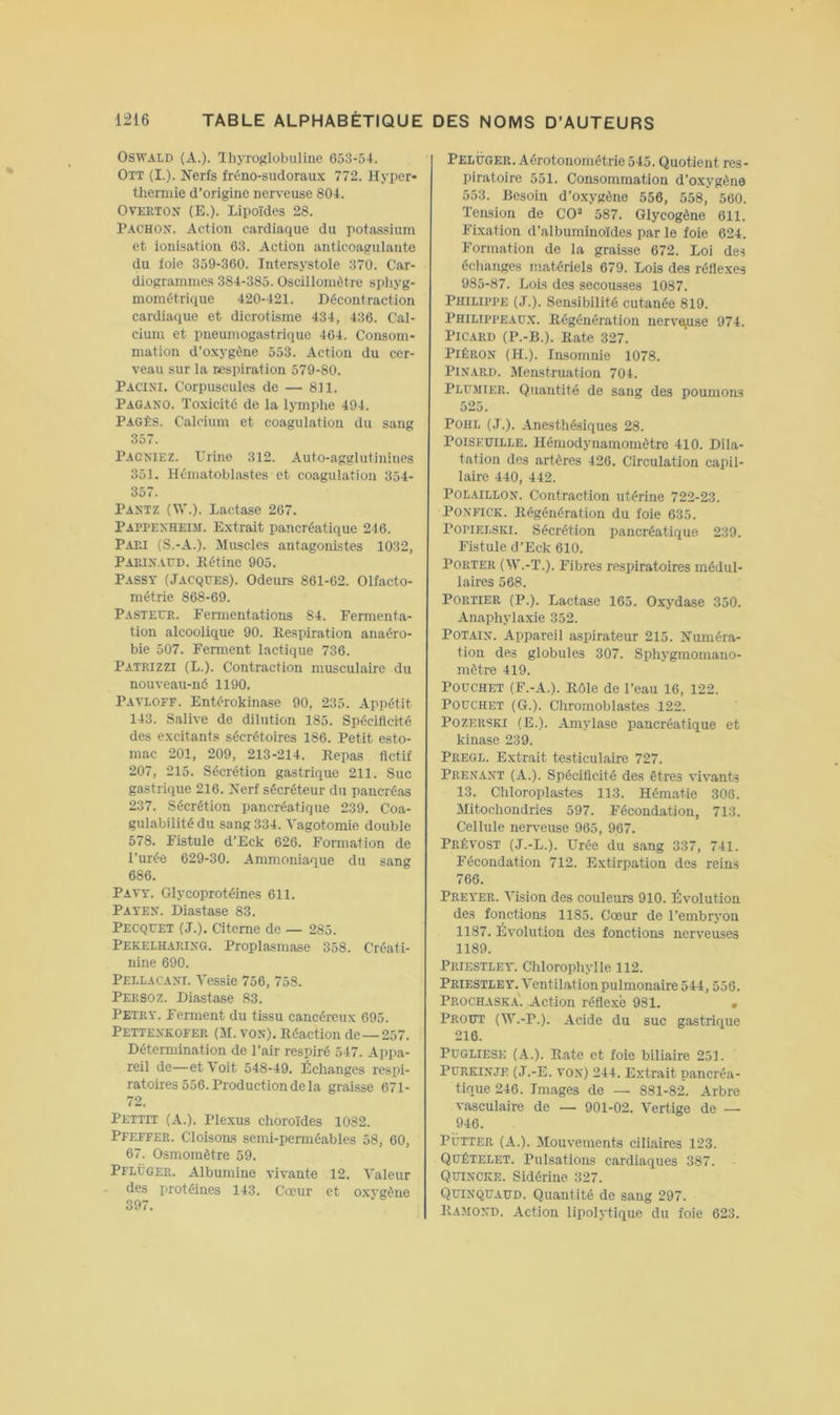 OSWALD (A.). Ihyroglobuliue C53-54. Ott (I.). Nerfs fréno-sudoraux 772. Hyper* thermie d’origine nerveuse 804. OVEETON (E.). Lipoïdes 28. P.VCHON. Action cardiaque du potassium et ionisation 63. Action anticoagulante du foie 359-360. Intersystole 370. Car- diogrammes 384-385. Oscillomôtre sphyg- mométrique 420-421. Décontraction cardiaque et dicrotisme 434, 436. Cal- cium et pneumogastrique 464. Consom- mation d’oxygène 553. Action du cer- veau sur la respiration 579-80. Pacini. Corpuscules de — 811. Pagaxo. Toxicité de la lymphe 494. Pagès. Calcium et coagulation du sang 357. Pacniez. L'rine 312. Auto-agglutinines 351. Hcmatoblastes et coagulation 354- 357. Paxtz (W.). Lactase 267. Pappexheim. Extrait pancréatique 246. Pap.1 (S.-A.). Muscles antagonistes 1032, PAP.IXAUD. Eétine 905. Passv (Jacques). Odeurs 861-62. Olfacto- métrie 868-69. Pasteur. Fermentations 84. Fermenta- tion alcoolique 90. Respiration anaéro- bie 507. Ferment lactique 736. Patrizzi (L.). Contraction musculaire du nouveau-né 1190. Pavloff. Entérokinase 90, 235. Appétit 143. Salive de dilution 185. Spécificité des excitants sécrétoires 186. Petit esto- mac 201, 209, 213-214. Repas fictif 207, 215. Sécrétion gastrique 211. Suc gastrique 216. Nerf sécréteur du pancréas 237. Sécrétion pancréatique 239. Coa- gulabilité du sang 334. Vagotomie double 578. Fistule d’Eck 626. Formation de l’urée 629-30. Ammoniaque du sang 686. Pavt. Glycoprotéines 611. Payex. Diastase 83. Pecquet (J.). Citerne de — 285. Pekelharixg. Proplasmase 358. Créati- nine 690. Pellacasi. Vessie 756, 758. Peesoz. Diastase 83. Petry. Ferment du tissu cancéreux 695. Pettexkofer (M. vos). Réaction de —257. Détermination de l’air respiré 547. Appa- reil de—et Voit 548-49. Échanges respi- ratoires 556. Production de la graisse 671- 72. Pettit (A.). Plexus choroïdes 1082. Pff.ffer. Cloisons semi-perméables 58, 60, 67. Osmoraètre 59. Pflügee. Albumine vivante 12. Valeur des protéines 143. Cœur et oxvgèue 397. Pelüger. Aérotonométrie 545. Quotient res- piratoire 551. Consommation d’oxygène 553. Besoin d’oxygène 556, 558, 560. Tension de CO* 587. Glycogène 611. Fixation d’albuminoïdes par le foie 624. Formation de la graisse 672. Loi des échanges matériels 679. Lois des réflexes 985-87. Lois des secousses 1087. Philippe (J.). Sensibilité cutanée 819. Philippeau.x. Régénération nerveiuse 974. Picard (P.-b.). Rate 327. Piéron (H.). Insomnie 1078. PiSARD. Menstruation 704. Plumier. Quantité de sang des poumons 525. PoiiL (J.). Anesthésiques 28. Poiseuille. Héniodynamomètre 410. Dila- tation dos artères 426. Circulation capil- laire 440, 442. POL.ULLOs. Contraction utérine 722-23. Po.SFiCK. Régénération du foie 635. PoPiELSKi. Sécrétion pancréatique 239. Fistule d’Eck 610. Porter (M'.-T.). Fibres respiratoires médul- laires 568. Portier (P.). Lactase 165. Oxydase 350. Anaphylaxie 352. POTAis. Appareil aspirateur 215. Numéra- tion des globules 307. Sphygmomano- mètre 419. PoucHET (F.-A.). Rôle de l’eau 16, 122. PoucHET (G.). Chromoblastes 122. PozERSKi (E.). Amylase pancréatique et kinase 239. Pregl. Extrait testiculaire 727. Presast (A.). Spécificité des êtres vivants 13. Chloroplastes 113. Hématie 306. Mitochondries 597. Fécondation, 713. Cellule nerveuse 965, 967. Prévost (J.-L.). Urée du sang 337, 741. Fécondation 712. Extirpation des reins 766. Preyer. Vision des couleurs 910. Évolution des fonctions 1185. Cœur de l’embryon 1187. Évolution des fonctions nerveuses 1189. Priestley. Chlorophylle 112. Priestley. Ventilation pulmonaire 544,556. Prochask.É Action réflexe 981. . Prout C\V.-P.). Acide du suc gastrique 216. PUGLIESE (A.). Rate et foie biliaire 251. PURKISJK (J.-E. vos) 244. Extrait pancréa- tique 246. Images de — 881-82. Arbre vasculaire de — 901-02. Vertige de — 946. PÜTTER (A.). Mouvements ciliaires 123. Quételet. Pulsations cardiaques 387. Quiscke. Sidérine 327. Quisquaud. Quantité de sang 297. Ramosd. Action lipolytique du foie 623.