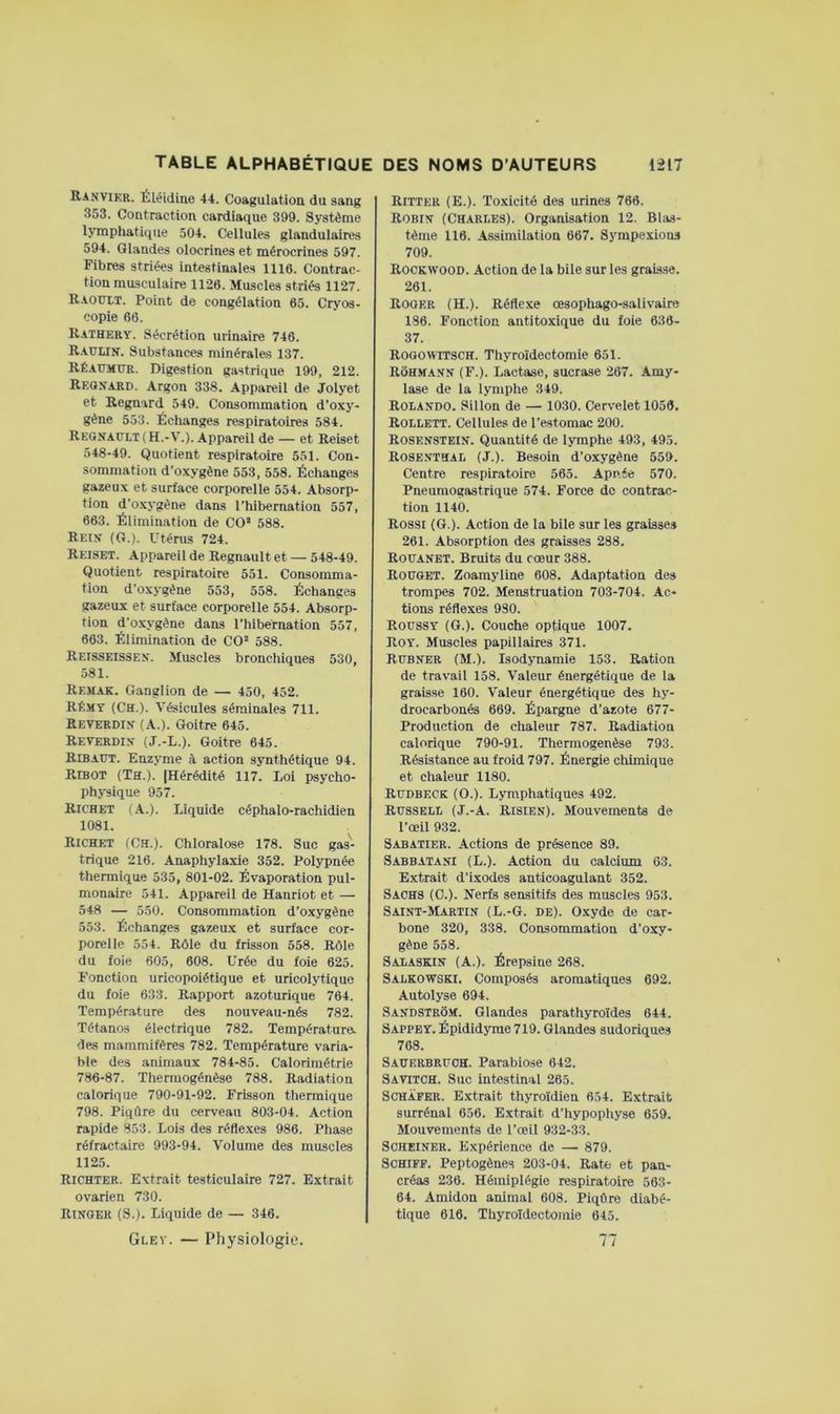 Ranvier. Éléidine 44. Coagulation du sang 353. Contraction cardiaque 399. Système lymphatique 504. Cellules glandulaires 594. Glandes olocrines et mérocrines 597. Fibres striées intestinales 1116. Contrac- tion musculaire 1126. Muscles striés 1127. RAOtn.T. Point de congélation 65. Cryos- copie 66. Rathery. Sécrétion urinaire 746. Raulin. Substances minérales 137. RÉ.AUitUR. Digestion gastrique 199, 212. Reonard. Argon 338. Appareil de Jolyet et Regnard 549. Consommation d’oxy- gène 553. Échanges respiratoires 584. Reqnault ( H.-V.). Appareil de — et Reiset 548-49. Quotient respiratoire 551. Con- sommation d’oxygène 553, 558. Échanges gazeux et surface corporelle 554. Absorp- tion d’oxygène dans l’hibernation 557, 663. Élimination de CO* 588. Reiv (G.). Utérus 724. Reiset. Appareil de Régnault et — 548-49. Quotient respiratoire 551. Consomma- tion d’oxygène 553, 558. Échanges gazeux et surface corporelle 554. Absorp- tion d’oxygène dans l’hibernation 557, 663. Élimination de CO* 588. Reisseissex. Muscles bronchiques 530, 581. Remak. Ganglion de — 450, 452. Rémy (Ch.). Vésicules séminales 711. Reverdin- (A.). Goitre 645. Reverdiy (J.-L.). Goitre 645. RiBAtJT. Enzyme à action synthétique 94. Ribot (Th.). (Hérédité 117. Loi psycho- physique 957. Richet (.\.). Liquide céphalo-rachidien 1081. Richet (Ch.). Chloralose 178. Suc gas- trique 216. Anaphylaxie 352. Polypnée thermique 535, 801-02. Évaporation pul- monaire 541. Appareil de Hanriot et — 548 — 550. Consommation d’o.xygène 553. Échanges gazeux et surface cor- porelle 554. Rôle du frisson 558. Rôle du foie 605, 608. Urée du foie 625. Fonction uricopoiétique et uricolytique du foie 633. Rapport azoturique 764. Température des nouveau-nés 782. Tétanos électrique 782. Température, des mammifères 782. Température varia- ble des animaux 784-85. Calorimétrie 786-87. Thermogénêse 788. Radiation calorique 790-91-92. Frisson thermique 798. Piqûre du cerveau 803-04. Action rapide 853. Lois des réfle.xes 986. Phase réfractaire 993-94. Volume des muscles 1125. Richter. Extrait testiculaire 727. Extrait ovarien 730. Rinoer (S.). Liquide de — 346. Glev. — Physiologie. Ritter (E.). Toxicité des urines 766. Robih (Charles). Organisation 12. Blas- tème 116. Assimilation 667. Sympexions 709. Rockwood. Action de la bile sur les graisse. 261. Roger (H.). Réflexe œsophago-salivaire 186. Fonction antitoxique du foie 636- 37. ROGOWiTSCH. Thyroïdectomie 651. RôHMANN (F.). Lactase, sucrase 267. Amy- lase de la lymphe 349. Rolando. Sillon de — 1030. Cervelet 1056. Rollett. Cellules de l’estomac 200. Rosenstein. Quantité de lymphe 493, 495. Rosenthal (J.). Besoin d’oxygène 559. Centre respiratoire 565. Apnée 570. Pneumogastrique 574. Force de contrac- tion 1140. Rossi (G.). Action de ta bile sur les graisses 261. Absorption des graisses 288. Rooanbt. Bruits du cœur 388. Rouget. Zoamyline 608. Adaptation des trompes 702. Menstruation 703-704. Ac- tions réflexes 980. Roussy (G.). Couche optique 1007. Roy. Muscles papillaires 371. Rubner (M.). Isodynamie 153. Ration de travail 158. Valeur énergétique de la graisse 160. Valeur énergétique des hy- drocarbonés 669. Épargne d’azote 677- Production de chaleur 787. Radiation calorique 790-91. Thermogenèse 793. Résistance au froid 797. Énergie chimique et chaleur 1180. Rudbeck (O.). Lymphatiques 492. Russell (J.-a. Risien). Mouvements de l’œil 932. Sabatier. Actions de présence 89. Sabbatani (L.). Action du calcium 63. Extrait d’ixodes anticoagulant 352. Sachs (C.). Nerfs sensitifs des muscles 953. Saint-Martist (L.-G. de). 0.xyde de car- bone 320, 338. Consommation d’oxy- gène 558. Salaskih (A.). Érepsine 268. Salkowski. Composés aromatiques 692. Autolyse 694. Sandstrôm. Glandes parathyroïdes 644. Sappey. Épididyrae 719. Glandes sudoriques 768. Sauerbruoh. Parabiose 642. Savitoh. Suc intestinal 265. SCHAFER. Extrait thyroïdien 654. Extrait surrénal 656. Extrait d’hypophyse 659. Mouvements de l’œil 932-33. Scheiner. Expérience de — 879. SCHIFP. Peptogènes 203-04. Rate et pan- créas 236. Hémiplégie respiratoire 563- 64. Amidon animal 608. Piqûre diabé- tique 616. Thyroïdectomie 645. 77
