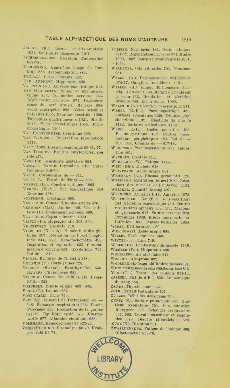Tripii’k (K.'). Écorce sensitivo-motrice 1034. Sensibilité récurrente 1101. Tscheboks.\hoff. Sécrétion d’adrénaline 657-78. Tscherxino. Quatrième image de Pur- kinje 882. Accommodation 884. Tysd.^ll. Corps odorants 862. l'RF. (Andrew). Hippurates 690. A .\LENTIN (G.). Amylase pancréatique 244. V.'iN Gehcc’hten. Si)inal et pneumogas. trique 463. Conduction nerveuse 965- Itégénération nerveuse 974. Dégénéres- cence du nerf 976-78. Pétlexes 984- Voies centripètes 996. Voies sensibles bulbaires 1005. Neurones sensitifs 1006. Tubercules quadrijumeaux 1021. Moelle 1045. Voies cérébellifuges 1055. Pneu- mogastrique 1106. Vax Hoogexhdyse. Créatinine 690. Vax Ryxbeek. Innervation pilo-motrice 1114. Vax’t Hoff. Pression osmotique 59-61, 77. Vax TiEGHEJf. Bacillus amylobacter, son rôle 271. Vaschide. Sensibilité gustative 854. Vassale. Extrait thyroïdien 648. Para- thyroïdes 649-50. Vater. Corpuscules de — 811. Vei.la (L.). Fistule de Thiry —^ 266. Verger (H.). Couches optiques 1062. Verxox (H.-M.). Suc pancréatique 248 Érepsine 268. Verpl(EGH. Créatinine 690. Verschuir. Contractilité des artères 470. Verworx (Max). Amibes 109. Vie cellu- laire 119. Épuisement nerveux 969. Vayssière. Capsule interne 1039. ViAULT (F.). Hyperglobulie 308, 562. Vichxevsky. Prostate 710. Vierordt (K. vox). Numération des glo- bules 307. Réduction de l’oxyhémoglo- bine 344, 579. Hémotachomètre 423. Inspiration et expiration 533. Consom- mation d’oxygène 553. Oxydations 795. Loi de — 819. ViGXAL. Bactéries de l’intestin 278. ViLLEMix (F.). Corps jaunes 728. VIXCEXT (SWALE). Parathyroïdes 650. Extraits d’hypophyse 659. Virchow. Genèse des cellules 116. Héma- toïdine 322. Vœlckers. Muscle ciliaire 883, 885. VoGEL (J.). Lactase 267. VOGT (Carl). Urine 759. Voit 257. Appareil de Pettenkofer et — 548. Échanges respiratoires 556. Besoin d’oxygène 558. Production de la graisse 671-72. Équilibre azoté 675. Épargne azotée 677. Albumine circulante 683. VOLKMAXX. Hémodromomètre 422-23. Vriks(Hugo de). Plasmolyse 66-70. Hémi- perméabilité 71. Vdlpiax. Nerf facial 181. Nerfs smloraux 771-72. Régénération nerveuse 974. Moelle 1000, 1002. Centres protubérantiels 1051, • 1053. Waldeyer. Cils vibratiles 703. Neurones 964. \V.ALLER (A.). Dégénérescence wallérienno 075-77. Ganglions rachidiens 1101. Waller (A.) junior. Phénomènes élec- triques du cœur 396. Retard du pouls sur le cœur 432. Circulation et sécrétion urinaire 748. Électrotonus 1090. Walther IA.). .Sécrétion pancréatique 241. Weber (E.-Fr.). Pneumogastrique 462. Surfaces articulaires 1156. Tétanos phy- siologique 1132. Élasticité du muscle 114’2. Surfaces articulaires 1156. AVebkr (E.-H.). Ondes pulsatiles 428. Pneumogastrique 462. Centres vaso^ moteurs périphériques 484. Loi de — 815, 957. Compas de —817-18. Wedexski. Pneumogastrique 575. Inhibi- tion 991. Weekers. Prostate 711. Weich.ardt (W.). Fatigue 1145. WÉIL (Eji.). Diabète 618. Weintraud. Acide urique 687. WEIS5IANX (A.). Plasma germinatif 120. Weiss (G.). Excitation du nerf 1089. Réac- tions des ninrcles de l’embryon 1191. Welcker. Quantité de sang 297. Werxicke. Aphasies 1014. Agraphie 1072. Wertheimer. Ganglion sous-ma.xillaire 184. Sécrétion pancréatique 239. Centres respiratoires spinaux 568, 571. Atropine et glycosurie 617. Suture nerveuse 973. Pyramides 1039. Fibres motrices homo- latérales 1041. Centres bulbaires 1054. WiDAL. Déchloruration 80. WiECHOWSKi. Acide urique 689. WiLLis. Nerfs crâniens 563. WiNTER (J.). Urine 749. WiSLiexuES. Combustible du muscle 1138. Wœhler (Fr.). Hippurates 690. Wolffbero. Air alvéolaire 544. WOLKOW. Alcaptone 692. WoOLDRiDGE.Coagulabilitédes plasmas 361. WtJNDT.Organes des sens 809.Sensations 815. Yung (Th.). Théorie des couleurs 911-14. Zaleski. Fistule d’Eck 626. Ammoniaque du sang 686. Zanda. Thyroïdectomie 651. ZoTH. Extrait testiculaire 727. ZOLZER. Débit des deux reins 750. ZUNTZ (N.). Surface pulmonaire 539. Quo- tient respiratoire 551. Consommation d’oxygène 553. Échanges respiratoires 557, 582. Travail musculaire et respira- tion 572. Diabète phloridzique 620. ZtJNZ (E.). Digestion 221. ZWAARDEJtAKER. Fatigue de l’odorat 866. Olfactométrie 869-70.