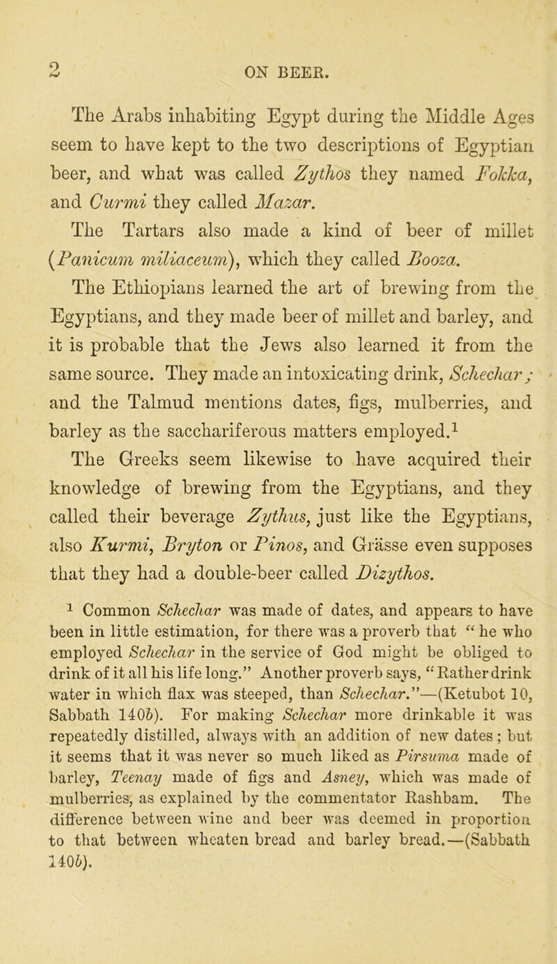 The Arabs inhabiting Egypt during the Middle Ages seem to have kept to the two descriptions of Egyptian beer, and what was called Zythos they named Fokha, and Giirmi they called Mazar. The Tartars also made a kind of beer of millet {Fanicum miliaceum), which they called Booza. The Ethiopians learned the art of brewing from the Egyptians, and they made beer of millet and barley, and it is probable that the Jews also learned it from the same source. They made an intoxicating drink, Schechar; and the Talmud mentions dates, figs, mulberries, and barley as the sacchariferous matters employed.^ The Greeks seem likewise to have acquired their knowledge of brewing from the Egyptians, and they called their beverage Zythus^ just like the Egyptians, also Kurmi, Bryton or Binos, and Grasse even supposes that they had a double-beer called Dizythos. ^ Common Schechar was made of dates, and appears to have been in little estimation, for there was a proverb that “ he who employed Schechar in the service of God might be obliged to drink of it all his life long.” Another proverb says, Rather drink water in which flax was steeped, than Schechar.”—(Ketubot 10, Sabbath 1406). For making Schechar more drinkable it was repeatedly distilled, always with an addition of new dates; but it seems that it was never so much liked as Pirsuma made of barley, Teenay made of figs and Asney, which was made of mulberries, as explained by the commentator Rashbam. The difierence between wine and beer was deemed in proportion to that between wheaten bread and barley bread.—(Sabbath 1406).