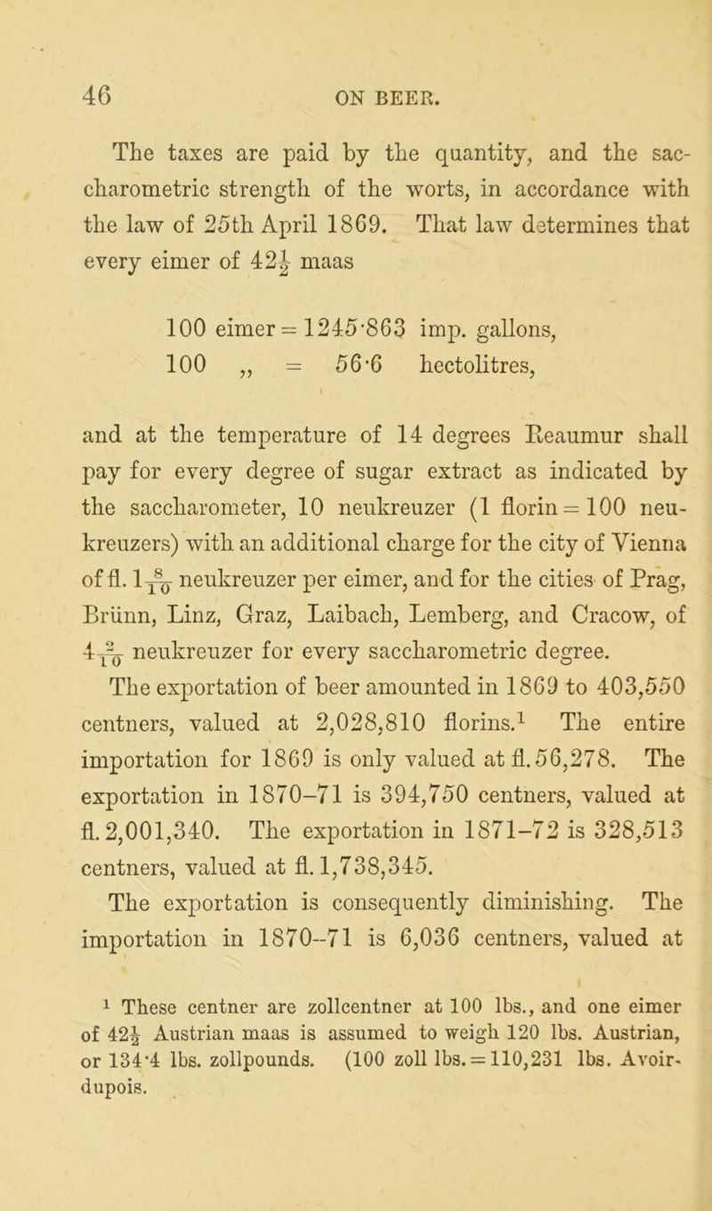 The taxes are paid by the quantity, and the sac- charometric strength of the worts, in accordance with the law of 25th April 1869. That law determines that every eimer of 42J maas 100 eimer = 1245’863 imp. gallons, 100 „ = 56‘6 hectolitres, and at the temperature of 14 degrees Eeaumur shall pay for every degree of sugar extract as indicated by the sacchai’ometer, 10 neukreuzer (1 florin =100 neu- kreuzers) with an additional charge for the city of Vienna of fl. ly^ neukreuzer per eimer, and for the cities of Prag, Briinn, Linz, Graz, Laibach, Lemberg, and Cracow, of 4-j^q neukreuzer for every saccharometric degree. The exportation of beer amounted in 1869 to 403,550 centners, valued at 2,028,810 florins.^ The entire importation for 1869 is only valued at fl. 56,278. The exportation in 1870-71 is 394,750 centners, valued at fl. 2,001,340. The exportation in 1871-72 is 328,513 centners, valued at fl. 1,738,345. The exportation is consequently diminishing. The importation in 1870-71 is 6,036 centners, valued at 1 These centner are zollcentner at 100 lbs., and one eimer of 42J Austrian maas is assumed to weigh 120 lbs. Austrian, or 134*4 lbs. zollpounds. (100 zoll lbs. = 110,231 lbs. Avoir- dupois.