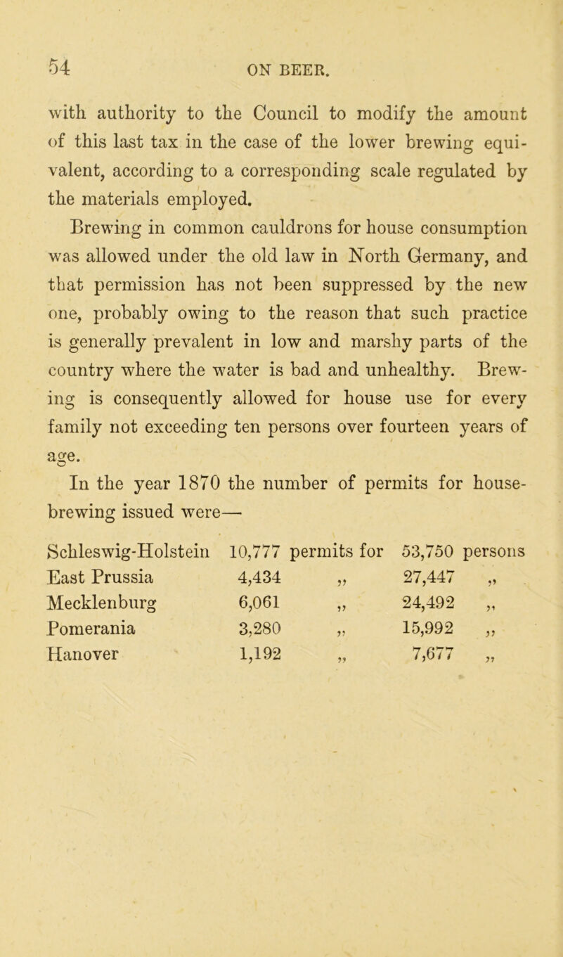 with authority to the Council to modify the amount of this last tax in the case of the lower brewing equi- valent, according to a corresponding scale regulated by the materials employed. Brewing in common cauldrons for house consumption was allowed under the old law in North Germany, and that permission has not been suppressed by the new one, probably owing to the reason that such practice is generally prevalent in low and marshy parts of the country where the water is bad and unhealthy. Brew- ing is consequently allowed for house use for every family not exceeding ten persons over fourteen years of t age. O In the year 1870 the number of permits for house- brewing issued were— Bchleswig-Holstein 10,777 permits for 53,750 persons East Prussia 4,434 Mecklenburg 6,061 Pomerania 3,280 Hanover 1,192 27,447 24,492 ?? 15,992 ?!• 7,677