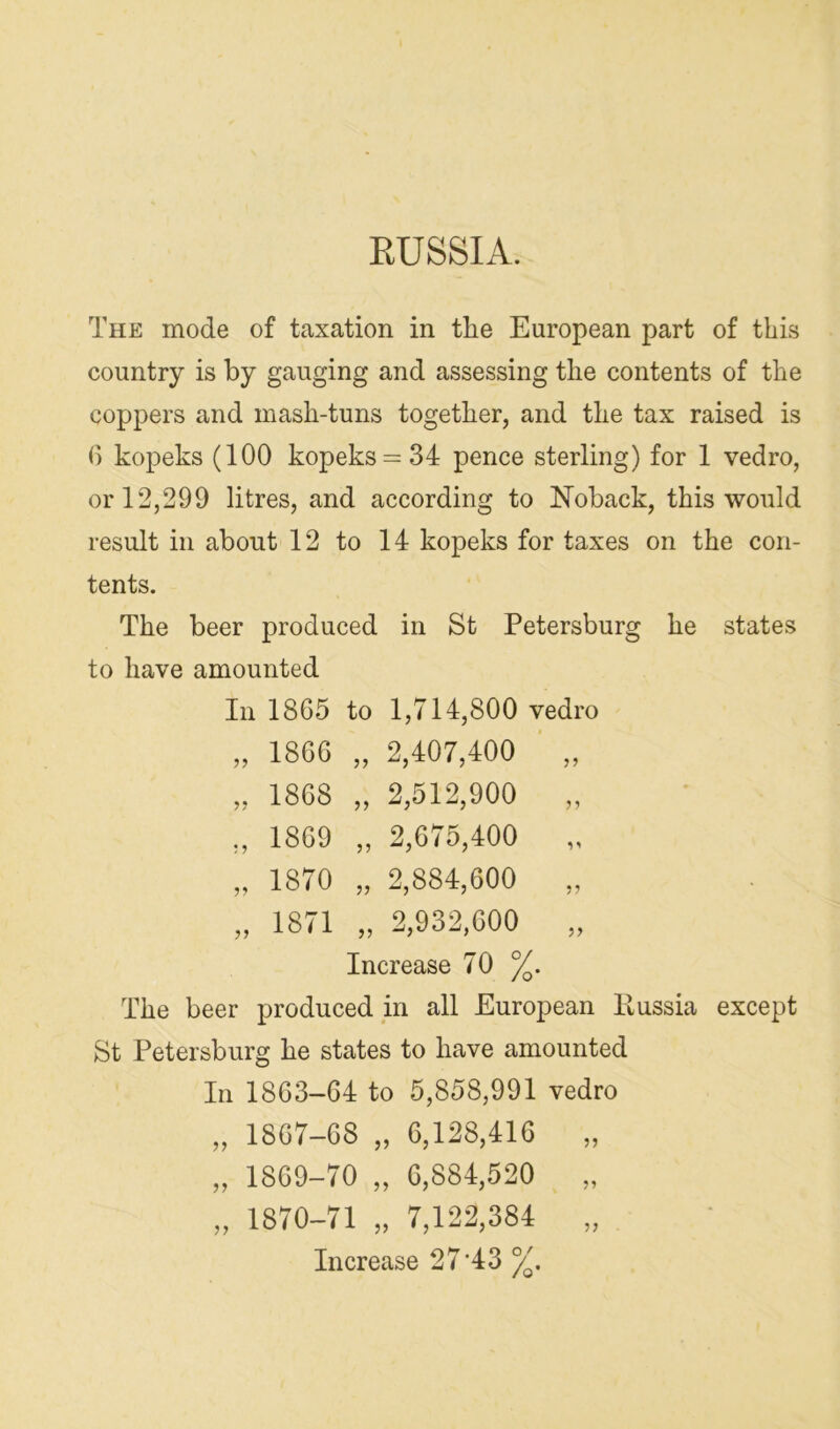 RUSSIA. The mode of taxation in the European part of this country is by gauging and assessing the contents of the coppers and mash-tuns together, and the tax raised is <) kopeks (100 kopeks —34 pence sterling) for 1 vedro, or 12,299 litres, and according to Noback, this would result in about 12 to 14 kopeks for taxes on the con- tents. The beer produced in St Petersburg he states to have amounted In 1865 to 1,714,800 vedro „ 1866 „ 2,407,400 „ „ 1868 „ 2,512,900 „ ,, 1869 „ 2,675,400 „ „ 1870 „ 2,884,600 „ „ 1871 „ 2,932,600 „ Increase 70 %. The beer produced in all European Kussia except St Petersburg he states to have amounted In 1863-64 to 5,858,991 vedro „ 1867-68 „ 6,128,416 „ „ 1869-70 „ 6,884,520 „ „ 1870-71 „ 7,122,384 „ Increase 27'43 %.