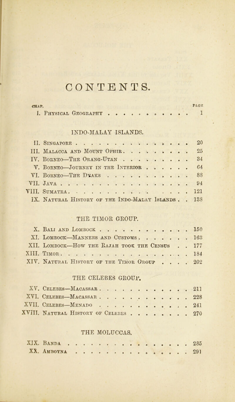 CONTENTS. ckap. P‘,an I. Physical Geography 1 INDO-MALAY ISLANDS. II. Singapore . . . 20 III. Malacca and Mount Ophir 25 IY. Borneo—The Orang-Utan 34 Y. Borneo—Journey in the Interior 64 VI. Borneo—The Dyaks 88 VII. Java 94 VIII. Sumatra .... 121 IX. Natural History of the Indo-Malay Islands . . 138 THE TIMOR GROUP. X. Bali and Lombock 150 XI. Lombock—Manners and Customs 163 XII. Lombock—How the Rajah took the Census . . 177 XIII. Timor . . 184 XIV. Natural History of the Timor Group .... 202 THE CELEBES GROUP. XV. Celebes—Macassar 211 XVI. Celebes—Macassar 228 XVII. Celebes—Menado . 241 XVIII. Natural History of Celebes 270 THE MOLUCCAS. XIX. Banda 285 XX. Amboyna 291