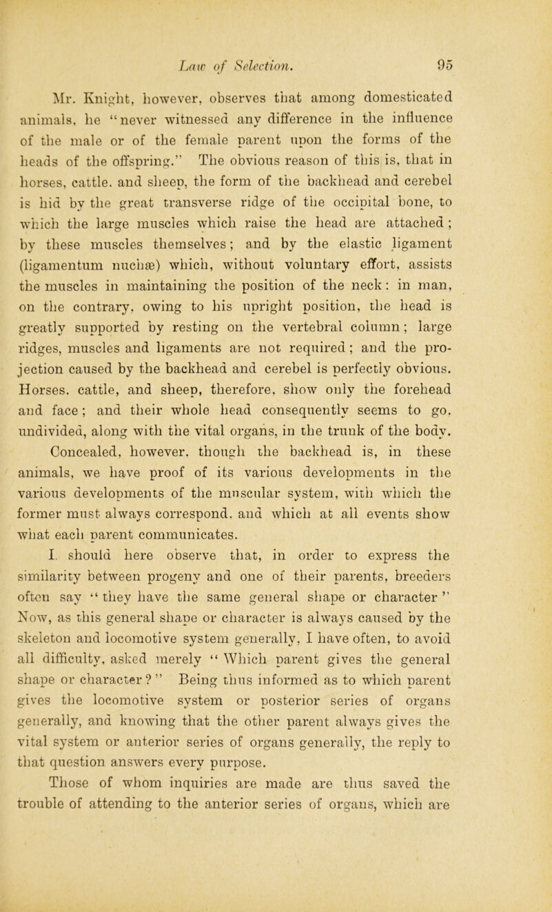 Mr. Knight, however, observes that among domesticated animals, he “never witnessed anv difference in the influence of the male or of the female parent upon the forms of the heads of the offspring.” The obvious reason of this is, that in horses, cattle, and sheep, the form of the backhead and cerebel is hid by the great transverse ridge of the occipital bone, to which the large muscles which raise the head are attached ; by these muscles themselves; and by the elastic ligament (ligamentum nuchas) which, without voluntary effort, assists the muscles in maintaining the position of the neck: in man, on the contrary, owing to his upright position, the head is greatly supported by resting on the vertebral column ; large ridges, muscles and ligaments are not required; and the pro- jection caused by the backhead and cerebel is perfectly obvious. Horses, cattle, and sheep, therefore, show only the forehead and face; and their whole head consequently seems to go. undivided, along with the vital organs, in the trunk of the body. Concealed, however, though the backhead is, in these animals, we have proof of its various developments in the various developments of the muscular svstem, with which the former must always correspond, and which at all events show what each parent communicates. I. should here observe that, in order to express the similarity between progeny and one of their parents, breeders often say “ they have the same general shape or character ” Now, as this general shape or character is always caused by the skeleton and locomotive system generally, I have often, to avoid all difficulty, asked merely “ Which parent gives the general shape or character?” Being thus informed as to which parent gives the locomotive svstem or posterior series of organs C’ %j «L o generally, and knowing that the other parent always gives the vital system or anterior series of organs generally, the reply to that question answers every purpose. Those of whom inquiries are made are thus saved the trouble of attending to the anterior series of organs, which are