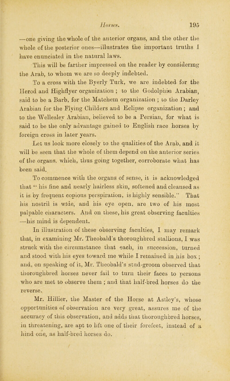 —one o-ivinor the whole of the anterior organs, and the other the O O v-/ whole of the posterior ones—illustrates the important truths I have enunciated in the natural laws. This will be farther impressed on the reader by considering the Arab, to whom we are so deeply indebted. To a cross with the Bverly Turk, we are indebted for the Herod and Highflyer organization ; to the Godolphin Arabian, said to be a Barb, for the Matchem organization ; to the Darley Arabian for the Flying Childers and Eclipse organization ; and to the Wellesley Arabian, believed to be a Persian, for what is said to he the only advantage gained to English race horses by foreign cross in later years. Let us look more closely to the qualities of the Arab, and it will be seen that the whole of them depend on the anterior series of the organs, which, thus going together, corroborate what has been said. To commence with the organs of sense, it is acknowledged that “ his line and nearly hairless skin, softened and cleansed as it is by frequent copious perspiration, is highly sensible.” That his nostril is wtde, and his eye open, are two of his most palpable characters. And on these, his great observing faculties —his mind is dependent. In illustration of these observing faculties, I may remark that, in examining Mr. Theobald’s thoroughbred stallions, I was struck with the circumstance that each, in succession, turned and stood with his eyes toward me while I remained in his box ; and, on speaking of it, Mr. Theobald’s stud-groom observed that thoroughbred horses never fail to turn their faces to uersons who are met to observe them ; and that half-bred horses do the reverse. Mr. Hillier, the Master of the Horse at Astlev’s, whose opportunities of observation are very great, assures me of the accuracy of this observation, and adds that thoroughbred horses, in threatening, are apt to lift one of their forefeet, instead of a hind one, as half-bred horses do.