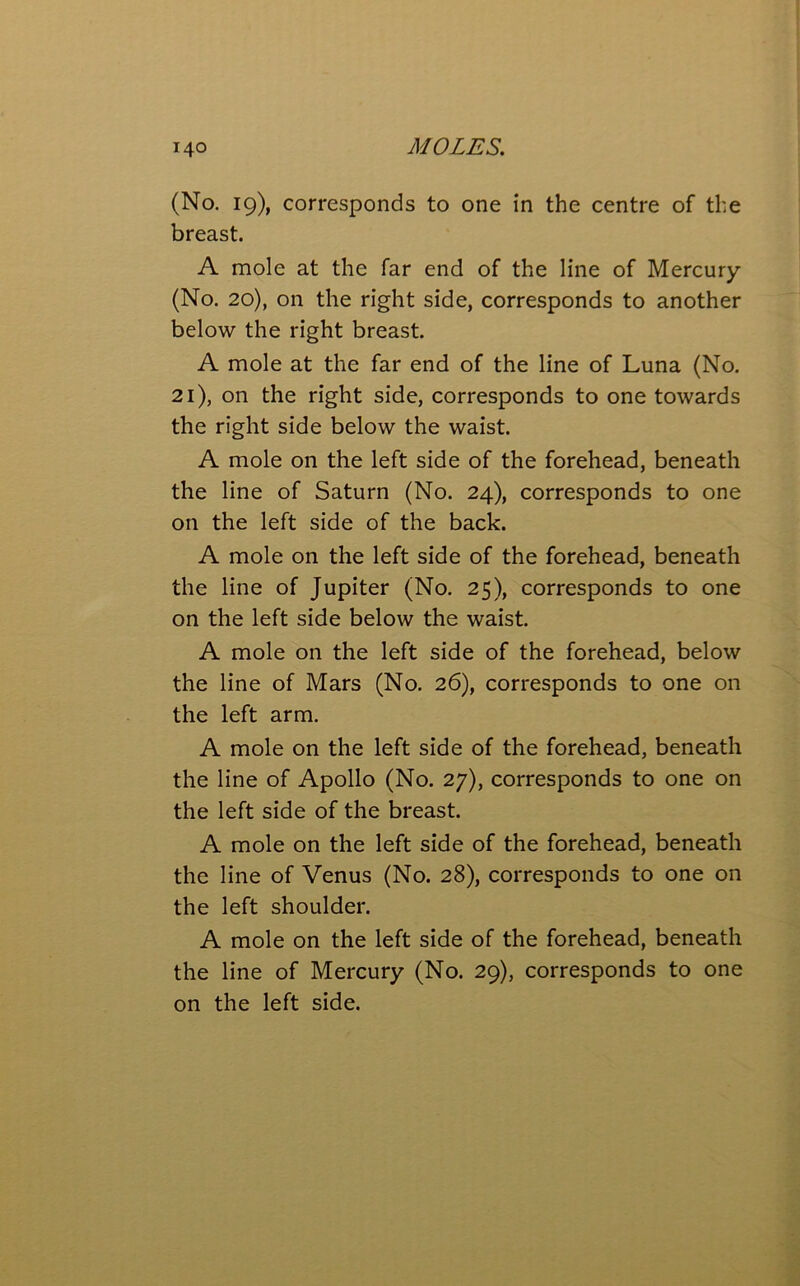 (No. 19), corresponds to one in the centre of the breast. A mole at the far end of the line of Mercury (No. 20), on the right side, corresponds to another below the right breast. A mole at the far end of the line of Luna (No. 21), on the right side, corresponds to one towards the right side below the waist. A mole on the left side of the forehead, beneath the line of Saturn (No. 24), corresponds to one on the left side of the back. A mole on the left side of the forehead, beneath the line of Jupiter (No. 25), corresponds to one on the left side below the waist. A mole on the left side of the forehead, below the line of Mars (No. 26), corresponds to one on the left arm. A mole on the left side of the forehead, beneath the line of Apollo (No. 27), corresponds to one on the left side of the breast. A mole on the left side of the forehead, beneath the line of Venus (No. 28), corresponds to one on the left shoulder. A mole on the left side of the forehead, beneath the line of Mercury (No. 29), corresponds to one on the left side.