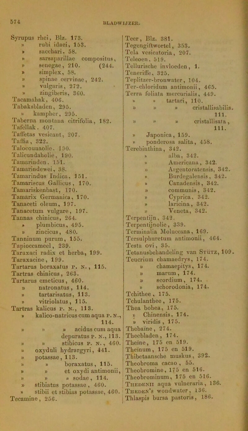 Syrupus rhoi, Blz. 173. » rubi idaei, 153. > saccbari. 58. » sarsaparillae compositus, n senegae, 210. (244. » simplex, 58. » spinae cervinao, 242. » vulffaris, 272. )• ziugibcris, 3GO. Tacamahak, 406. Tabaksbladen, 295. » kamplicr, 295. Taberna montaiia citrifolia, 182. Tafellak. 407. Taffetas vesicant, 207. Taflia, 322. Talocouuaolie. 190. Talicundaholie, 190. Tamarinden, 151. Tamarindewei, 38. Tamarindus Indica, 151. Tamariscus Gallicus, 170. Tamariskenbast, 170. Tamarix Germanica, 170. Tanaceti oleum, 197. Tanacetum vulgare, 197. Tannas chinicus, 264. * plumbicus, 495. » zincicus, 480. Tanninum purum, 155. Tapioccameel, 239. Taraxaci radix et herba, 199. Taraxacine, 199. Tartarus boraxatus r. n. , 115. Tartras chinicus, 263. Tartarus emeticus, 460. » natronatus, 114. I) tartarisatus, 113. I) vitriolatus, 115. Tartras kalicus p. n., 113. » kalico-natricus cum aqua p. N., 114. » » » acidus cum aqua depuratus p. N., 113. » » stibicus p. N., 460. » oxyduli hydrargyri, 441. I) potassae, 113. » » boraxatus, 115. » » et oxydi antimonii, II » I) sodae, 114. » stibiatus potassae , 460. » stibii et stibias potassae, 460. | Tecamine, 256. Teer, Blz. 381. Tegengiftwortel, 353. Tela vesicatoria, 207. Teleoen. 519. Tellurische invloeden, 1. Tenerilfe, 325. Tepl itzer-bron water, 104. Ter-chloridum antimonii, 465. Terra foliata mercurialis, 449. » « tartari, llO. » M » cristallisabilis. 111. » ■' » cristallisata, 111. » Japonica, 159. » ponderosa salita, 458. Terebinthina, 342. ■> ulba, 342. II Americana, 342. » Algentoratensis, 342. II Burdegulensis, 342. » Canadensis, 342. » communis, 342. II Cyprica, 342. » laricina, 342. II Veneta, 342. Terpentijn, 342. Terpentijnolie, 339. Terminalia Moluccana, 169. Tersulphuretum antimonii, 464. Testa ovi, 35. Tetanusbehandeling van Stütz, 109. Teucrium chamaedrys, 174. B chamaepitys, 174. » marum, 174. B scordium, 174. 11 schorodonia, 174. Tchithee , 175. Tchulanthee, 175. Thea bohea, 175. r. Chinensis. 174. B viridis , 175. Thebaïne, 274. Theebladen, 174. Theïne, 175 en 519. Theïnum, 175 en 519. Thibetaansche muskus, 392. Theobroma cacao , 55. Theobromine, 175 en 516. I Theobrominum, 175 en 516. Tiif.dunii aqua vulneraria, 136. I Tdkdkx’s wondwater, 136. i Thlaspis bursa pastoris, 186.