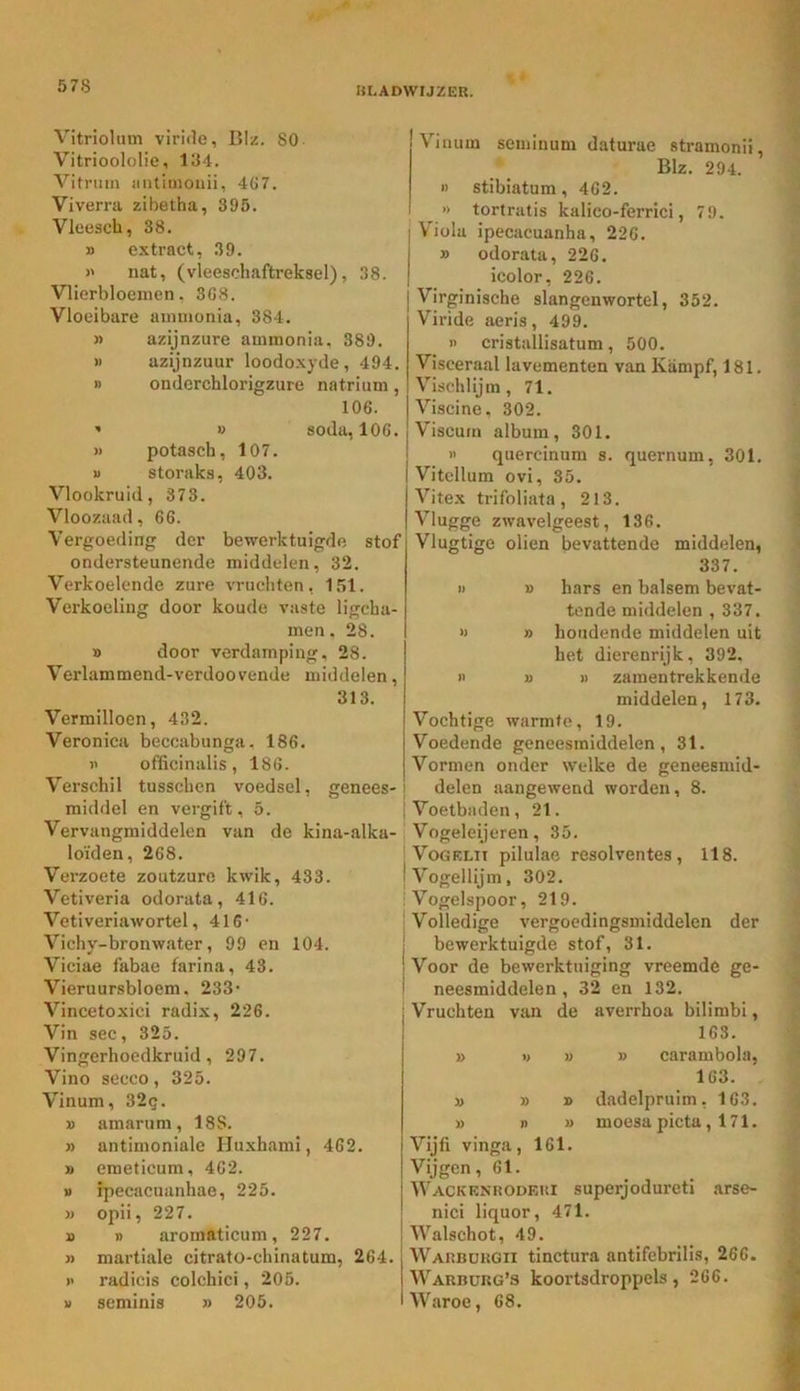 Vitriolum viride, BIz. 80 Vitrioololie, 134. Vitriiin aiUiuiouii, 4ö7. Viverra zibetha, 395. Vleesch, 38. » extract, 39. )' nat, (vleeschaftreksel), 38. Vlierbloeinen, 3G8. Vloeibare aimnonia, 384. » azijnzure ammonia, 389. 11 azijnzuur loodoxyde, 494. 1) onderchlorigzure natrium, 106. ' » soda, 106. 1) potasch, 107. u storaks, 403. Vlookruid, 373. Vloozaad, 66. Vergoeding der bewerktuigde stof ondersteunende middelen, 32. Verkoelende zure vruchten, l,*;!. Verkoeling door koude vaste ligcha- men. 28. » door verdamping, 28. Verlammend-verdoovende middelen, 313. Vermilloen, 432. Veronica beccabunga, 186. 1' officinalis , 186. Verschil tusschcn voedsel, genees- middel en vergift, 5. Vervangmiddelen van de kina-alka- loïden, 268. Verzoete zoutzure kwik, 433. Vetiveria odorata, 416. Vetiveriawortel, 416' Vichy-bronwater, 99 en 104. Viciae fabae farina, 43. Vieruursbloem, 233- Vincetoxici radix, 226. Vin sec, 325. Vingerhoedkruid, 297. Vino secco, 325. Vinum, 32g. V amarum, 188. » antimoniale Iluxhami, 462. 1) emeticum, 462. » fpecacuanhae, 225. 11 opii, 227. » » aromaticum, 227. » martiale citrato-chinatum, 264, )' radicis colchici, 205. u seminis » 205. Vinum seminum daturae stramonii, Blz. 294. 11 stibiatum, 462. '1 torlratis kalico-ferrici, 79. Viola ipecacuanha, 226. » odorata, 226. icolor, 226. Virginische slangenwortel, 352. Viride aeris, 499. » cristallisatum, 500. Visceraal lavementen van Kiimpf, 181. Vischlijm, 71. Viscine, 302. Viscum album, 301. 11 quercinum s. quernum, 301, Vitcllum ovi, 35. Vitex trifoliata, 213. Vlugge zwavelgeest, 136. Vlugtige oliën bevattende middelen, 337. 11 » hars en balsem bevat- tende middelen , 337. >1 » houdende middelen uit het dierenrijk, 392, 11 » 11 zamentrekkende middelen, 173. Vochtige warmte, 19. Voedende geneesmiddelen, 31. Vormen onder welke de geneesmid- delen aangewend worden, 8. Voetbaden, 21. Vogeleijeren, 35. VoGELii pilulae resolventes, 118. Vogellijm, 302, Vogelspoor, 219. Volledige vergoedingsmiddelen der bewerktuigde stof, 31. Voor de bewerktuiging vreemde ge- neesmiddelen , 32 en 132. Vruchten van de averrhoa bilimbi, 163. » •> « » carambola, 163. » » » dadelpruim, 163. 1) n » moesa picta ,171. Vijfi vinga, 161. Vijgen, 61. Wackrnrodeui superjodureti arse- nici liquor, 471. Walschot, 49. Warbukgii tinctura antifebrilis, 266. Warburg’3 koortsdroppels, 266. Waroe, 68.