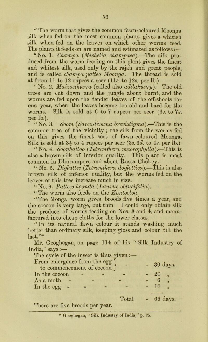 <f The worm that gives the common fawn-coloured Moonga silk when fed on the most common plants gives a whitish silk when fed on the leaves on which other worms feed. The plants it feeds on are named and estimated as follows:— “No. 1. Champcv (Michelia champaca).—The silk pro- duced from tbe worm feeding on this plant gives the finest and whitest silk, used only by the rajah and great people, and is called champa pattea Moonga. The thread is sold at from 11 to 12 rupees a seer (11s. to 12s. per lb.) “ No. 2. Maizankurra (called also adclakurry). The old trees are cut down and the jungle about burnt, and the worms are fed upon the tender leaves of the off-shoots for one year, when the leaves become too old and hard for the worms. Silk is sold at 6 to 7 rupees per seer (6s. to 7s. per lb.). “ No. 3. Soom (Sarcosternma brevistigma).—This is the common tree of the vicinity ; the silk from the worms fed on this gives the finest sort of fawn-coloured Moonga. Silk is sold at 3J to 4 rupees per seer (3s. 6d. to 4s. per lb.) “ No. 4. Soonhalloo (Tetranthera macrophylla).—This is also a brown silk of inferior quality. This plant is most common in Dhurumpore and about Russa Chokejr. “ No. 5. Digluttee (Tetranthera doglottica).—This is also brown silk of inferior quality, but the worms fed on the leaves of this tree increase much in size. “No. 6. Pattees lioonda (Lauras obtusifolia). “ The worm also feeds on the Kontooloa. “ The Monga worm gives broods five times a year, and the cocoon is very large, but thin. I could only obtain silk the produce of worms feeding on Nos. 3 and 4, and manu- factured into cheap cloths for the lower classes. “ In its natural fawn colour it stands washing much better than ordinary silk, keeping gloss and colour till the last.”* Mr. Geoghegan, on page 114 of his “Silk Industry of India/’ says:— The cycle of the insect is thus given :— From emergence from the eggd to commencement of cocoon j - 30 days. In the cocoon - - 20 As a moth - - 6 » In the egg - - 10 )) Total - 66 days. There are five broods per year.