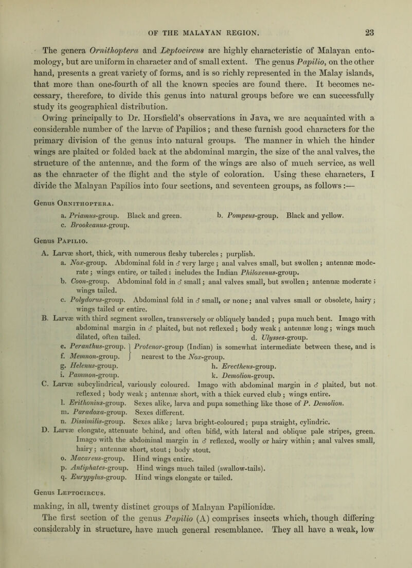 The genera Ornithoptera and Lepto circus are highly characteristic of Malayan ento- mology, hut are uniform in character and of small extent. The genus Papilio, on the other hand, presents a great variety of forms, and is so richly represented in the Malay islands, that more than one-fourth of all the known species are found there. It becomes ne- cessary, therefore, to divide this genus into natural groups before we can successfully study its geographical distribution. Owing principally to Dr. Horsfield’s observations in Java, we are acquainted with a considerable number of the larvae of Papilios; and these furnish good characters for the primary division of the genus into natural groups. The manner in which the hinder wings are plaited or folded back at the abdominal margin, the size of the anal valves, the structure of the antennae, and the form of the wings are also of much service, as well as the character of the flight and the style of coloration. Using these characters, I divide the Malayan Papilios into four sections, and seventeen groups, as follows:— Genus Ornithoptera. a. Priamus-group. Black and green. b. Pompeus-group. Black and yellow, c. Brookeanus-gvonp. Genus Papilio. A. Larvae short, thick, with numerous fleshy tubercles; purplish. a. iVor-group. Abdominal fold in d1 very large ; anal valves small, but swollen ; antennae mode- rate ; wings entire, or tailed: includes the Indian Philoxenus-group. b. Coow-group. Abdominal fold in 6 small; anal valves small, but swollen; antennae moderate ; wings tailed. c. Polyclorus-group. Abdominal fold in 6 small, or none; anal valves small or obsolete, hairy ; wings tailed or entire. B. Larvae with third segment swollen, transversely or obliquely banded ; pupa much bent. Imago with abdominal margin in S plaited, but not reflexed; body weak ; antennae long; wings much dilated, often tailed. d. Ulysses-group. e. Peranthus-group. 1 Protenor-group (Indian) is somewhat intermediate between these, and is f. Memnon-group. ) nearest to the iVar-group. g. Helenus-group. h. Erectheus-group, i. Pammon-group. k. Demotion-group. C. Larvae subcylindrical, variously coloured. Imago with abdominal margin in 6 plaited, but not reflexed ; body weak ; antennae short, with a thick curved club ; wings entire. l. Erithonius-group. Sexes alike, larva and pupa something like those of P. Demotion. m. Paradoxa-group. Sexes different. n. Dissimilis-group. Sexes alike; larva bright-coloured; pupa straight, cylindric. D. Larvae elongate, attenuate behind, and often bifid, with lateral and oblique pale stripes, green. Imago with the abdominal margin in <S reflexed, wrnolly or hairy within; anal valves small, hairy; antennae short, stout; body stout. o. Macareus-group. Hind wings entire. p. Antiphates-group. Hind wings much tailed (swallow-tails). q. Eurypylus-group. Hind wings elongate or tailed. Genus Leptocircus. making, in all, twenty distinct groups of Malayan Papilionidte. The first section of the genus Papilio (A) comprises insects which, though differing considerably in structure, have much general resemblance. They all have a weak, low