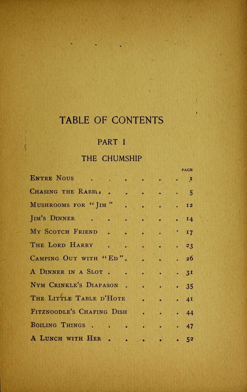 TABLE OF CONTENTS PART I THE CHUMSHIP Entre Nous i Chasing the Rabbi a ..... 5 Mushrooms for “Jim” . . . .12 Jim’s Dinner 14 My Scotch Friend . . . . - 17 The Lord Harry 23 Camping Out with “Ed”. , . . 26 A Dinner in a Slot ... . *31 Nym Crinkle’s Diapason . . . .35 The Little Table d’Hote . . .41 Fitznoodle’s Chafing Dish . . .44 Boiling Things 47 A Lunch with Her ..... 52