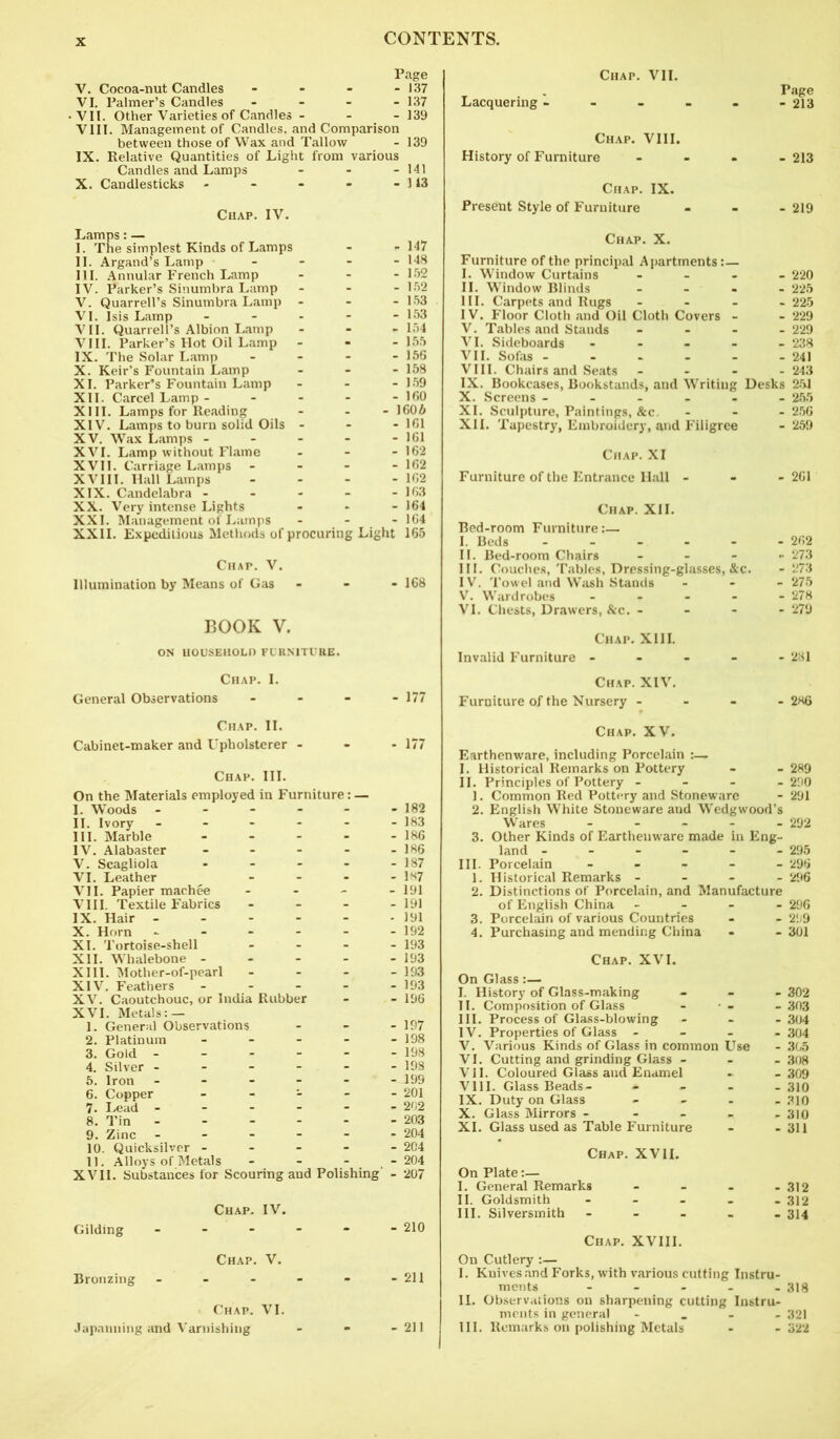 Page V. Cocoa-nut Candles - - - - 137 VI. Palmer’s Candles - - - - 137 •VII. Other Varieties of Candles - - - 139 VIII. Management of Candles, and Comparison between those of Wax and Tallow - 139 IX. Relative Quantities of Light from various Candles and Lamps - - - 141 X. Candlesticks - - - - - 113 Chap. IV. Lamps: — I. The simplest Kinds of Lamps II. Argand’s Lamp III. Annular French Lamp IV. Parker’s Sinumbra Lamp V. QuarreU’s Sinumbra Lamp - VI. Isis Lamp ... VII. Quarrell’s Albion Lamp VIII. Parker’s Hot Oil Lamp IX. The Solar Lamp X. Keir’s Fountain Lamp XI. Parker’s Fountain Lamp XII. Carcel Lamp - - XIII. Lamps for Reading XIV. Lamps to burn solid Oils - XV. Wax Lamps - XVI. Lamp without Flame XVII. Carriage Lamps - XVIII. Hall Lamps XIX. Candelabra - XX. Very intense Lights XXI. Management of Lamps XXII. Expeditious Methods of procuring Chap. V. Illumination by Means of Gas - 159 - 160 - 1606 - 161 - 161 - 162 - 162 - 162 - 163 - 164 - 164 Light 165 BOOK V. ON HOUSEHOLD FURNITURE. Chap. I. General Observations - 177 Chap. II. Cabinet-maker and Upholsterer - On the Materials employed in Furniture: — I. Woods - II. Ivory - III. Marble - IV. Alabaster - V. Scagliola - VI. Leather - VII. Papier machee - VIII. Textile Fabrics - IX. Hair X. Horn - XI. Tortoise-shell - XII. Whalebone - - - XIII. Mother-of-pearl - XIV. Feathers - XV. Caoutchouc, or India Rubber XVI. Metals: — 1. General Observations 2. Platinum - - - 3. Gold 4. Silver - 5. Iron - - - - - 6. Copper - 7. Lead 8. Tin 9. Zinc - 10. Quicksilver - 11. Alloys of Metals - XVII. Substances for Scouring and Polishing' Chap. IV. Gilding ------ 210 Chap. V. Bronzing - - - - - -211 Chap. VI. Japanning and Varnishing - - -211 Chap. VII. Lacquering - Page Chap. VIII. History of Furniture - - - - 213 Chap. IX. Present Style of Furniture - - - 219 Chap. X. Furniture of the principal Apartments:— I. Window Curtains - II. Window Blinds - III. Carpets and Rugs - IV. Floor Cloth and Oil Cloth Covers - V. Tables and Stands - VI. Sideboards .... VII. Sofas VIII. Chairs and Seats - IX. Bookcases, Bookstands, and Writing X. Screens - XI. Sculpture, Paintings, &c. XII. Tapestry, Embroidery, and Filigree - 220 - 225 - 225 - 229 - 229 - 238 - 241 - 243 Desks 25J - 255 - 256 - 259 Chap. XI Furniture of the Entrance Hall - - -261 Chap. XII. Bed-room Furniture:— I. Beds - - - - - II. Bed-room Chairs - III. Couches, Tables, Dressing-glasses, &c. IV. Towel and Wash Stands - V. Wardrobes - - - - - VI. Chests, Drawers, &c. - Chap. XIII. Invalid Furniture - - - - - Chap. XIV. Furniture of the Nursery - Chap. XV. Earthenware, including Porcelain :— I. Historical Remarks on Pottery II. Principles of Pottery - 1. Common Red Pottery and Stoneware 2. English White Stoneware and Wedgwood’s Wares - - - - 292 3. Other Kinds of Earthenware made in Eng- land 295 III. Porcelain ----- 296 1. Historical Remarks - - - - 296 2. Distinctions of Porcelain, and Manufacture of English China - - - - 296 3. Porcelain of various Countries - - 299 4. Purchasing and mending China - -301 Chap. XVI. On Glass:— I. History of Glass-making - 302 II. Composition of Glass - • - - 303 III. Process of Glass-blowing - - - 304 IV. Properties of Glass - 304 V. Various Kinds of Glass in common Use - 305 VI. Cutting and grinding Glass - 308 VII. Coloured Glass and Enamel - -309 VIII. Glass Beads- - - - - 310 IX. Duty on Glass - 310 X. Glass Mirrors ----- 310 XI. Glass used as Table Furniture - - 311 Chap. XVII. On Plate:— I. General Remarks - - - - 312 II. Goldsmith - - - - - 312 III. Silversmith - - - - - 314 Chap. XVIII. On Cutlery I. Knives and Forks, with various cutting Instru- ments 318 II. Observations on sharpening cutting Instru- ments in general - _ - - 321 III. Remarks on polishing Metals - - 322 262 273 273 275 278 279 281 2H6 289 290 291