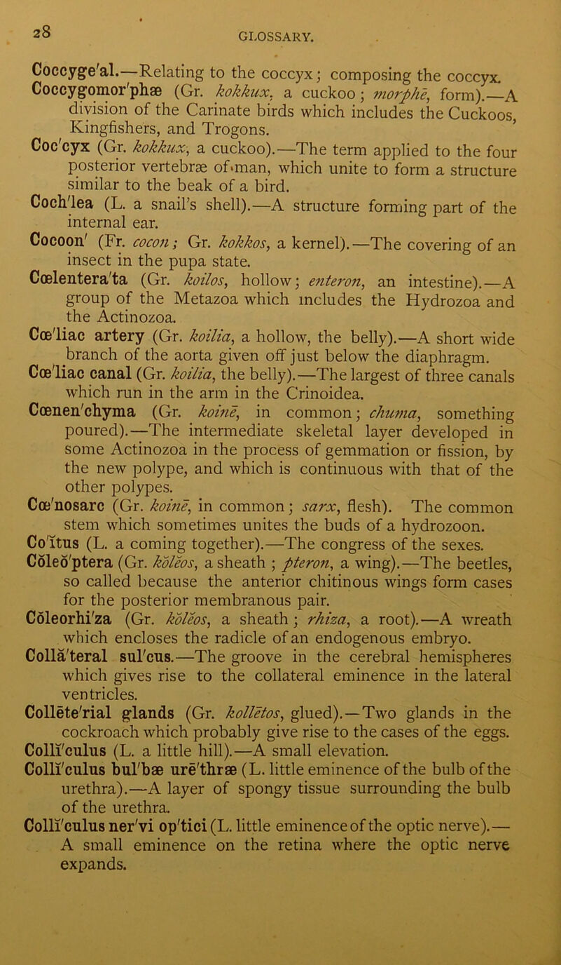 Coccyge'al.—Relating to the coccyx; composing the coccyx. Coccygomor'phae (Gr. kokkux, a cuckoo; morphe, form).—A division of the Carinate birds which includes the Cuckoos, Kingfishers, and Trogons. Coc'cyx (Gr. kokkux, a cuckoo).—The term applied to the four posterior vertebrae of.man, which unite to form a structure similar to the beak of a bird. Coch'lea (L. a snail’s shell).—A structure forming part of the internal ear. Cocoon' (hr. cocon; Gr. kokkos, a kernel).—The covering of an insect in the pupa state. Coelentera'ta (Gr. koilos, hollow; enteron, an intestine).—A group of the Metazoa which includes the Hydrozoa and the Actinozoa. Coe'liac artery (Gr. koilia, a hollow, the belly).—A short wide branch of the aorta given off just below the diaphragm. Coe'liac canal (Gr. koilia, the belly).—The largest of three canals which run in the arm in the Crinoidea. Ccenen'chyma (Gr. koine, in common; chuma, something poured).—The intermediate skeletal layer developed in some Actinozoa in the process of gemmation or fission, by the new polype, and which is continuous with that of the other polypes. Coj'nosarc (Gr. koine, in common; sarx, flesh). The common stem which sometimes unites the buds of a hydrozoon. Co'itus (L. a coming together).—The congress of the sexes. Coleo'ptera (Gr. koleos, a sheath ; pteron, a wing).—The beetles, so called because the anterior chitinous wings form cases for the posterior membranous pair. Coleorhi'za (Gr. koleos, a sheath; rhiza, a root).—A wreath which encloses the radicle of an endogenous embryo. Collateral sul'cus.—The groove in the cerebral hemispheres which gives rise to the collateral eminence in the lateral ventricles. Collete'rial glands (Gr. kolletos, glued). —Two glands in the cockroach which probably give rise to the cases of the eggs. Colli'culus (L. a little hill).—A small elevation. Colli'culus bul'bae ure'thrse (L. little eminence of the bulb of the urethra).—A layer of spongy tissue surrounding the bulb of the urethra. Colli'culusner'vi op'tici(L. little eminenceof the optic nerve).— A small eminence on the retina where the optic nerve expands.