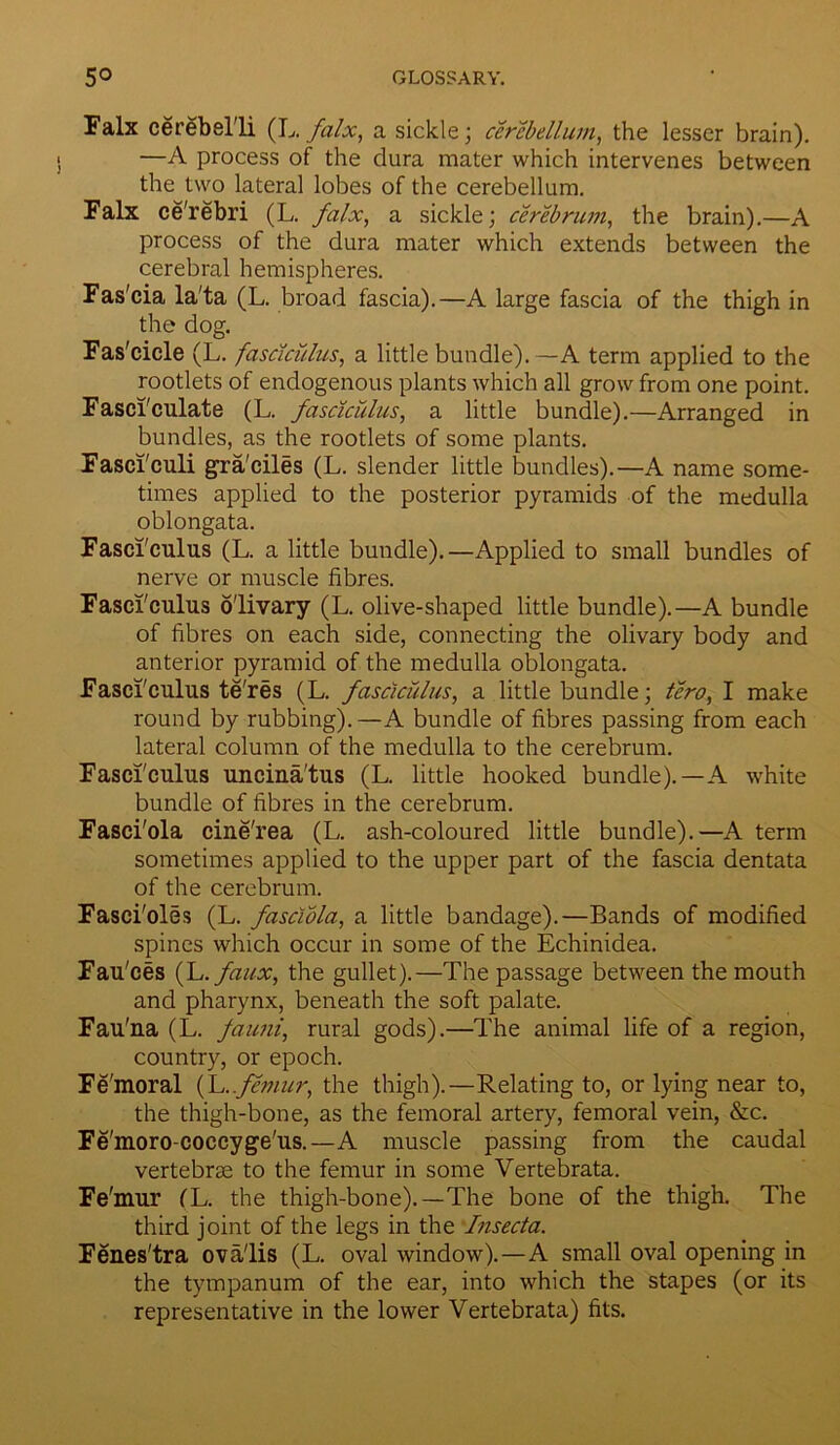 Falx cerebel'li (L. falx, a sickle; cerebellum, the lesser brain). —A process of the dura mater which intervenes between the two lateral lobes of the cerebellum. Falx ce'rebri (L. falx, a sickle; cerebrum, the brain).—A process of the dura mater which extends between the cerebral hemispheres. Fas'cia la'ta (L. broad fascia).—A large fascia of the thigh in the dog. Fas'cicle (L. fasciculus, a little bundle).—A term applied to the rootlets of endogenous plants which all grow from one point. Fasci'culate (L. fasciculus, a little bundle).—Arranged in bundles, as the rootlets of some plants. Fasci'culi gra'ciles (L. slender little bundles).—A name some- times applied to the posterior pyramids of the medulla oblongata. Fasci'culus (L. a little bundle).—Applied to small bundles of nerve or muscle fibres. Fasci'culus olivary (L. olive-shaped little bundle).—A bundle of fibres on each side, connecting the olivary body and anterior pyramid of the medulla oblongata. Fasci'culus te'res (L. fasciculus, a little bundle; tero, I make round by rubbing).—A bundle of fibres passing from each lateral column of the medulla to the cerebrum. Fasci'culus uncina'tus (L. little hooked bundle).—A white bundle of fibres in the cerebrum. Fasci'ola cine'rea (L. ash-coloured little bundle).—A term sometimes applied to the upper part of the fascia dentata of the cerebrum. Fasci'oles (L. fasciola, a little bandage).—Bands of modified spines which occur in some of the Echinidea. Fau'ces (L .faux, the gullet).—The passage between the mouth and pharynx, beneath the soft palate. Fau'na (L. fa uni, rural gods).—The animal life of a region, country, or epoch. Fe'moral (L..femur, the thigh).—Relating to, or lying near to, the thigh-bone, as the femoral artery, femoral vein, &c. Fe'moro-coccyge'us.—A muscle passing from the caudal vertebrae to the femur in some Vertebrata. Fe'mur CL. the thigh-bone).—The bone of the thigh. The third joint of the legs in the Insecta. Fenes'tra ova/lis (L. oval window).—A small oval opening in the tympanum of the ear, into which the stapes (or its representative in the lower Vertebrata) fits.