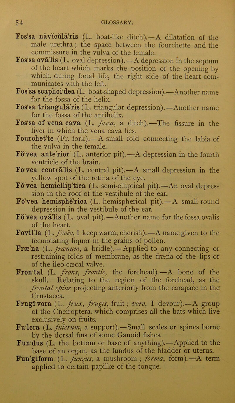 Fos'sa navicula'ris (L. boat-like ditch).—A dilatation of the male urethra; the space between the fourchette and the commissure in the vulva of the female. Fos'sa ova'lis (L. oval depression).—A depression in the septum of the heart which marks the position of the opening by which, during foetal life, the right side of the heart com- municates with the left. Fos'sa scaphoi'dea (L. boat-shaped depression).—Another name for the fossa of the helix. Fos'sa triangula'ris (L. triangular depression).—Another name for the fossa of the antihelix. Fos'sa of vena cava (L. fossa, a ditch).—The fissure in the liver in which the vena cava lies. Fourchet'te (Fr. fork).—A small fold connecting the labia of the vulva in the female. Fo'vea ante'rior (L. anterior pit).—A depression in the fourth ventricle of the brain. Fo'vea centralis (L. central pit).—A small depression in the yellow spot of the retina of the eye. Fo 'vea hemiellip'tica (L. semi-elliptical pit).—An oval depres- sion in the roof of the vestibule of the ear. Fo'vea hemisphe'rica (L. hemispherical pit).—A small round depression in the vestibule of the ear. Fo' vea ova'lis (L. oval pit).—Another name for the fossa ovalis of the heart. Fovil'la (L. foveo, I keep warm, cherish).—A name given to the fecundating liquor in the grains of pollen. Frse'na (L. frcenum, a bridle).—Applied to any connecting or restraining folds of membrane, as the fraena of the lips or of the ileo-caecal valve. Fron'tal (L. from, frontis, the forehead).—A bone of the skull. Relating to the region of the forehead, as the frontal spine projecting anteriorly from the carapace in the Crustacea. Frugi'vora (L. frux, frugis, fruit; voro, I devour).—A group of the Cheiroptera, which comprises all the bats which live exclusively on fruits. Fu'lcra (L .fulcrum, a support).—Small scales or spines borne by the dorsal fins of some Ganoid fishes. Fun'dus (L. the bottom or base of anything).—Applied to the base of an organ, as the fundus of the bladder or uterus. Fun'giform (L. fungus, a mushroom ; forma, form).—A term applied to certain papillae of the tongue.