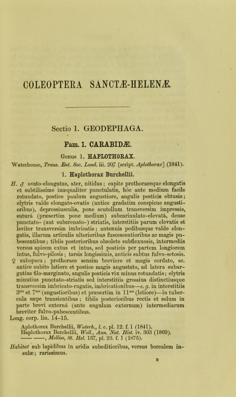 COLEOPTEEA SANCLE-HELENJ!. Sectio 1. GEODEPHAGA. Fam. 1. CARABIDiE. ' Genus 1. HAPLOTHORAX. Waterhouse, Trans. Ent. Soc. Lond. iii. 20/ [script. Aplothorax] (1841). 1. Haplothorax Burchellii. H. A ovato-elongatus, ater, nitidus ; capite prothoraceque elongatis et subtilissime inaequaliter punctulatis, hoc ante medium facile rotundato, postice paulum angustiore, angulis posticis obtusis; elytris valde eiongato-ovatis (antice gradatim conspicue angusti- oribus), depressiusculis, pone scutellum transversim impressis, sutura (praesertim pone medium) subcarinulato-elevata, dense punctato- (aut subcrenato-) striatis, interstitiis parum elevatis et leviter transversim imbricatis ; antennis pedibusque valde elon- gatis, illarum articulis ulterioribus fuscescentioribus ac magis pu- bescentibus; tibiis posterioribus obsolete subflexuosis, intermediis versus apicem extus et intus, sed posticis per partem longiorem intus, fulvo-pilosis ; tarsis longissimis, anticis subtus fulvo-setosis. § subopaca; prothorace sensim breviore et magis cordato, sc. antice subito latiore et postice magis angustato, ad latera subar- gutius filo-marginato, angulis posticis vix minus rotundatis; elytris minutius punctato-striatis sed interstitiis grossius distinctiusque transversim imbricato-rugatis, imbricationibus—e. g. in interstitiis 3tl0 et 7mo (angustioribus) et praesertim in llm0 (latiore)—in tuber- cula saepe transientibus ; tibiis posterioribus rectis et solum in parte brevi externa (ante angulum externum) intermediarum breviter fulvo-pubescentibus. Long. corp. lin. 14-15. Aplothorax Burchellii, Waterh., 1. c. pi. 12. f. 1 (1841). Haplothorax Burchellii, Wall., Ann. Nat. Hist. iv. 303 (18G9). , Melliss, St. Hel. 137, pi. 23. f. 1 (1875). Habitat sub lapidibus in aridis subeditioribus, versus borealem in- sulae; rarissimus. B