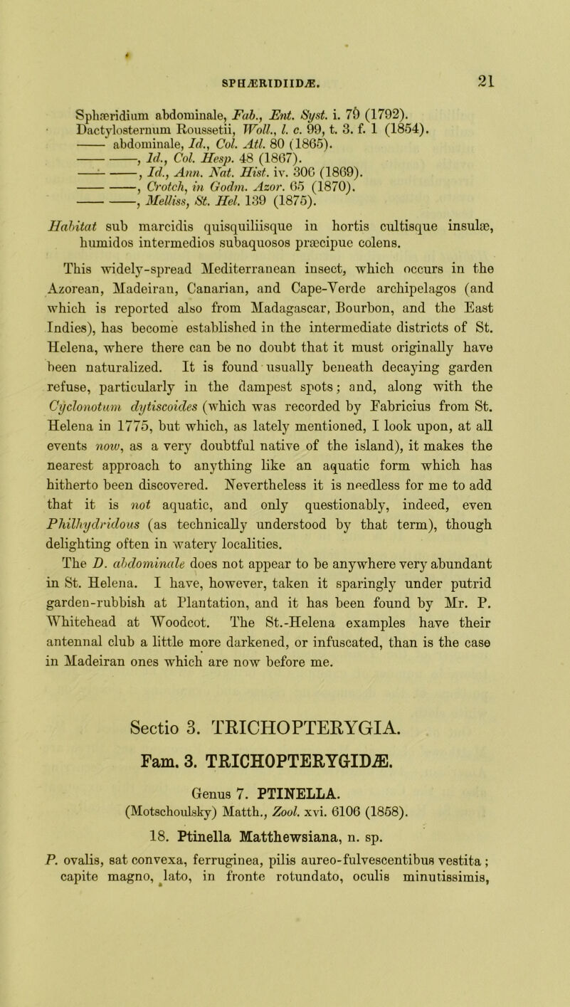 Spliseridium abdominale, Fab., Ent. Syst. i. 70 (1792). Dactylosternum Roussetii, Woll., 1. c. 99, t. 3. f. 1 (1854). abdominale, Id., Col. Atl. 80 (1865). , Id,, Col. Hesp. 48 (1867). , Id., Ann. Nat. Hist, iv. 306 (1869). , Crotch, in Godm. Azov. 65 (1870). , Melliss, St. Hel. 139 (1875). Habitat snb marcidis quisquiliisque in hortis cultisque insulae, bumidos intermedios subaquosos praecipue colens. This widely-spread Mediterranean insect, which occurs in the Azorean, Madeiran, Canarian, and Cape-Verde archipelagos (and which is reported also from Madagascar, Bourbon, and the East Indies), has become established in the intermediate districts of St. Helena, where there can be no doubt that it must originally have been naturalized. It is found usually beneath decaying garden refuse, particularly in the dampest spots; and, along with the Cyclonotum dytiscoides (which was recorded by Eabricius from St. Helena in 1775, but which, as lately mentioned, I look upon, at all events now, as a very doubtful native of the island), it makes the nearest approach to anything like an aquatic form which has hitherto been discovered. Nevertheless it is needless for me to add that it is not aquatic, and only questionably, indeed, even Philhydrklous (as technically understood by that term), though delighting often in watery localities. The D. abdominale does not appear to be anywhere very abundant in St. Helena. I have, however, taken it sparingly under putrid garden-rubbish at Plantation, and it has been found by Mr. P. Whitehead at Woodcot. The St.-Helena examples have their antennal club a little more darkened, or infuscated, than is the case in Madeiran ones which are now before me. Sectio 3. TRICHOPTERYGIA. Fam. 3. TRICHOPTERYGrlDiE. Genus 7. PTINELLA. (Motschoulsky) Matth., Zool. xvi. 6106 (1858). 18. Ptinella Matthewsiana, n. sp. P. ovalis, sat convexa, ferruginea, pilis aureo-fulvescentibus vestita ; capite magno, lato, in fronte rotundato, oculis minutissimis,