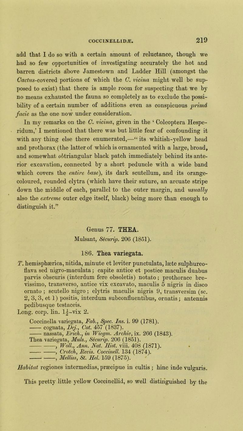 add that I do so with a certain amount of reluctance, though we had so few opportunities of investigating accurately the hot and barren districts above Jamestown and Ladder Hill (amongst the Cactus-covered portions of which the C. vicina might well be sup- posed to exist) that there is ample room for suspecting that we by no means exhausted the fauna so completely as to exclude the possi- bility of a certain number of additions even as conspicuous primd fade as the one now under consideration. In my remarks on the C. vicuna, given in the ‘ Coleoptera Hespe- ridum,’ I mentioned that there was but little fear of confounding it with any thing else there enumerated,—“ its whitish-yellow head and prothorax (the latter of which is ornamented with a large, broad, and somewhat o6triangular black patch immediately behind its ante- rior excavation, connected by a short peduncle with a wide band which covers the entire base), its dark scutellum, and its orange- coloured, rounded elytra (which have their suture, an arcuate stripe down the middle of each, parallel to the outer margin, and usually also the extreme outer edge itself, black) being more than enough to distinguish it.” Genus 77. THEA. Mulsant, Securip. 206 (1851). 186. Thea variegata. T. hemisphaerica, nitida, minute et leviter punctulata, laste sulphureo- flava sed nigro-maculata; capite antice et postice maculis duabus parvis obscuris (interdum fere obsoletis) notato; prothorace bre- vissimo, transverso, antice vix excavato, maculis 5 nigris in disco ornato ; scutello nigro; elytris maculis nigris 9, transversim (sc. 2, 3, 3, et 1) positis, interdum subconfluentibus, ornatis; antennis pedibusque testaceis. Long. corp. lin. 1^-vix 2. Coccinella variegata, Fab., Spec. Ins. i. 99 (1781). cognata, F>ej., Cat. 457 (1837). nassata, Erich., in Wiegm. Archiv, ix. 266 (1843). Thea variegata, Muls., Securip. 206 (1851). , Woll., Ann. Nat. Fist. viii. 408 (1871). , Crotch, Revis. Coccinell. 134 (1874). , Melliss, St. Hel. 159 (1875). Habitat regiones intermedias, prsecipue in cultis ; hinc inde vulgaris. This pretty little yellow Coccinellid, so well distinguished by the