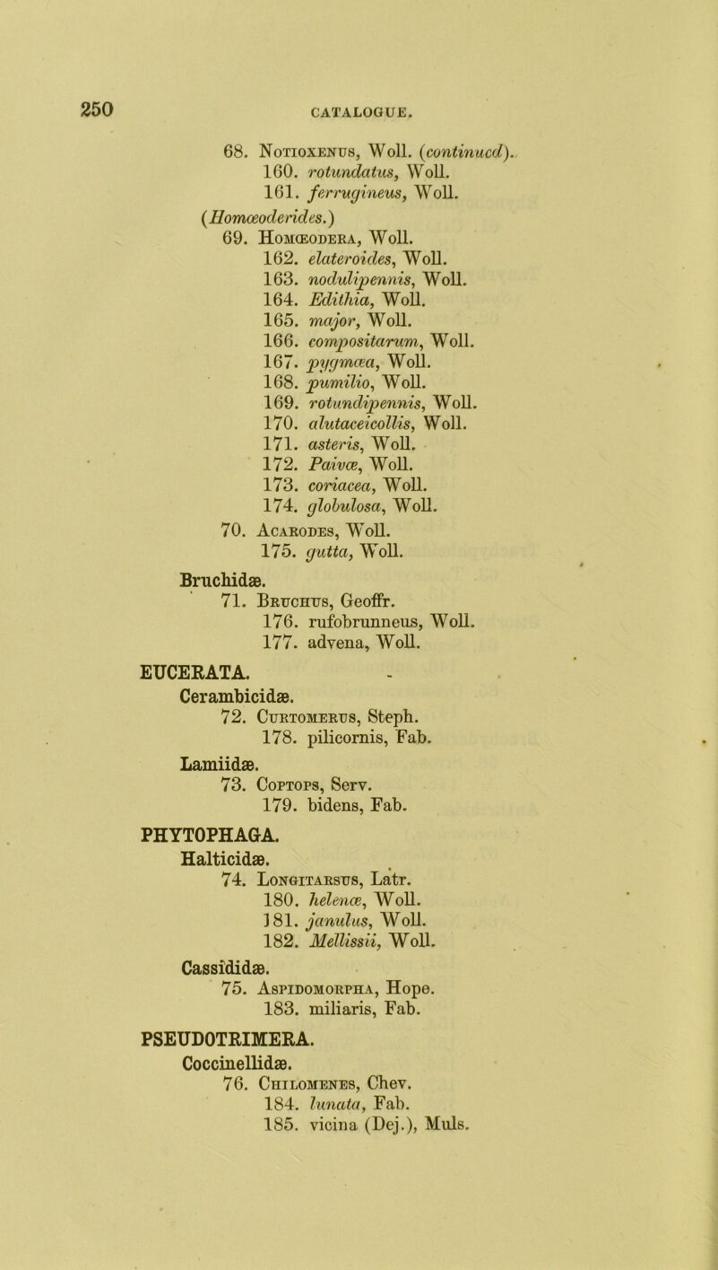 68. Notioxenus, Woll. (continued). 160. rotundcitus, Woll. 161. ferruginous, Woll. (Ilomoeode rides.) 69. Homxeodera, Woll. 162. elateroides, Woll. 163. nodulipennis, Woll. 164. Edithia, Woll. 165. major, Woll. 166. compositarum, Woll. 167. pygmcea, Woll. 168. pumilio, Woll. 169. rotundipennis, Woll. 170. alutaceicollis, Woll. 171. aster is, Won. 172. Paivce, Woll. 173. coriacea, Woll. 174. globulosa, Woll. 70. Acarodes, WToll. 175. gutta, Woll. Brachidae. 71. Bruchus, Geoffr. 176. rufobrunneus, Woll. 177. advena, Woll. EUCERATA. Cerambicidae. 72. Curtomertjs, Steph. 178. pilicornis, Fab. Lamiidae. 73. Coptops, Serv. 179. bidens, Fab. PHYTOPHAGA. Halticidae. 74. Longitarsus, Latr. 180. helence, Woll. 181. janulus, Woll. 182. Mellissii, Woll. Cassididae. 75. Aspidomorpha, Hope. 183. miliaris, Fab. PSEUDOTRIMERA. Coccinellidae. 76. Chilomenes, Chev. 184. lunata, Fab. 185. vicina (Dej.), Muls.